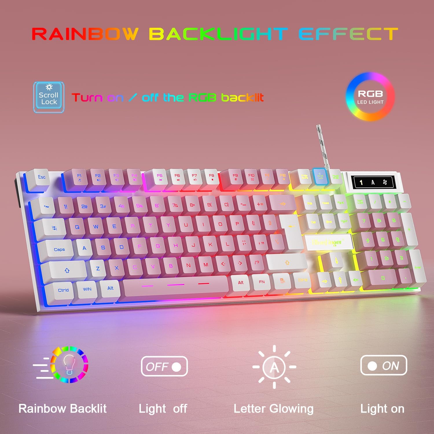 KIT DE TECLADO, MOUSE Y HEADSET BLUEFINGER RGB GAMING BLANCO Y ROSA - 2