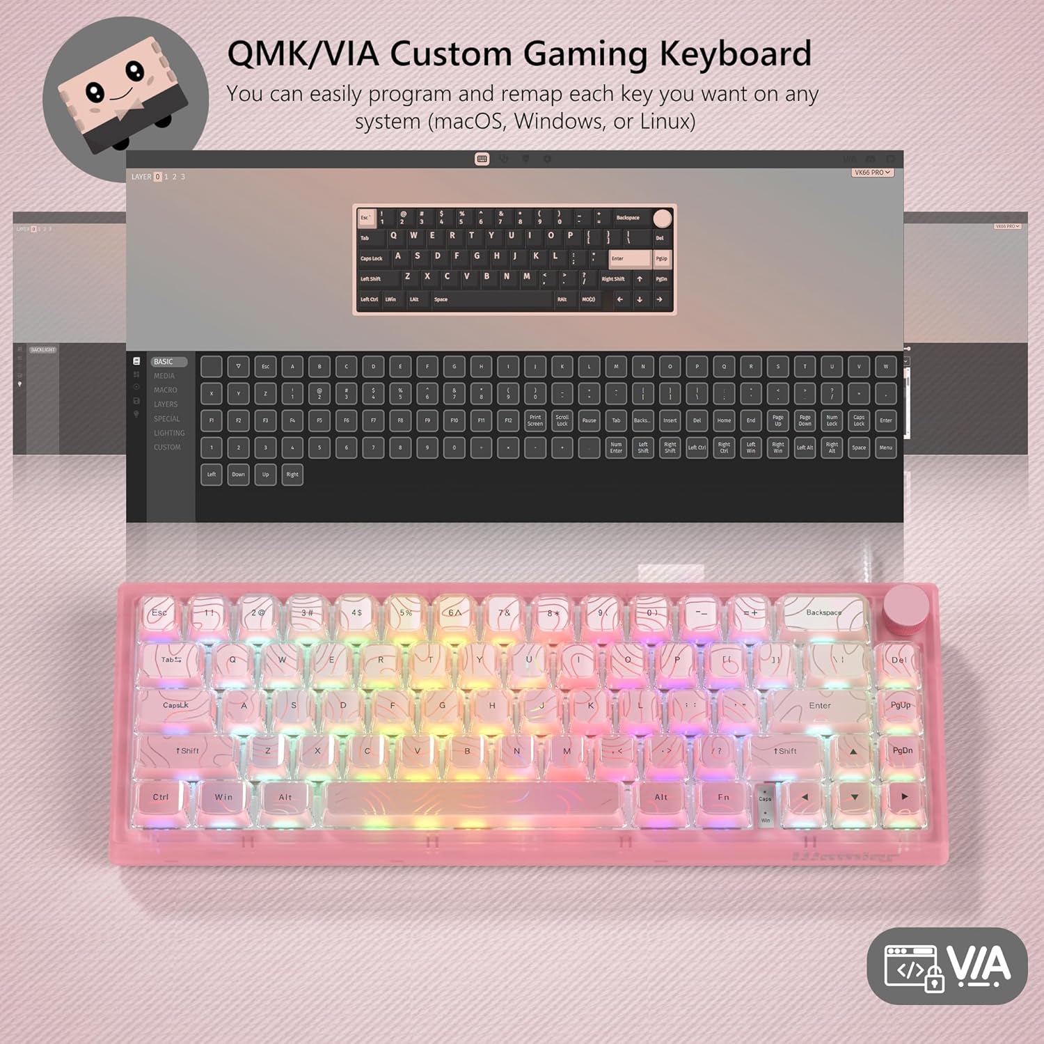 TECLADO MECÁNICO WOMIER VK66 PRO 60% ROSA CON SWITCHES LINEALES POM - 2