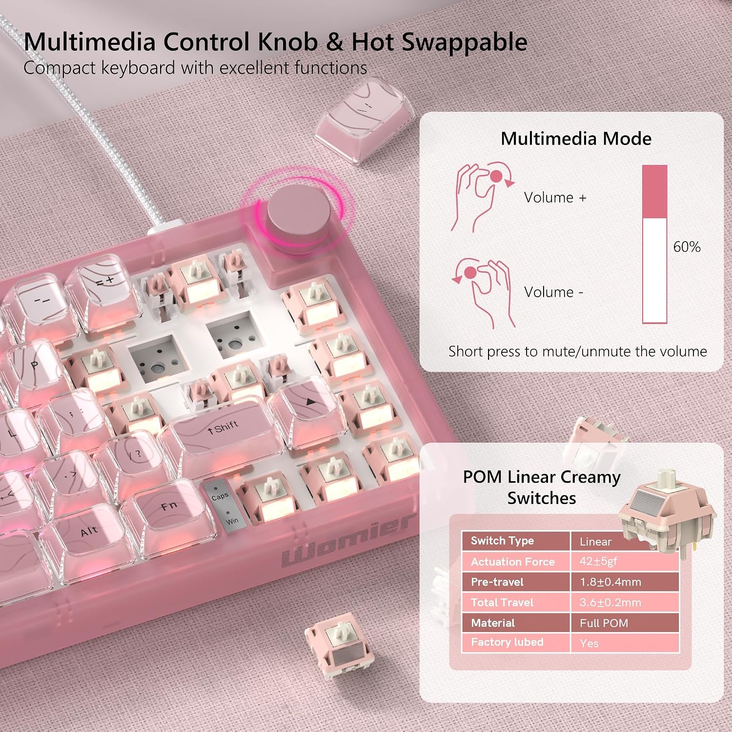 TECLADO MECÁNICO WOMIER VK66 PRO 60% ROSA CON SWITCHES LINEALES POM - 3