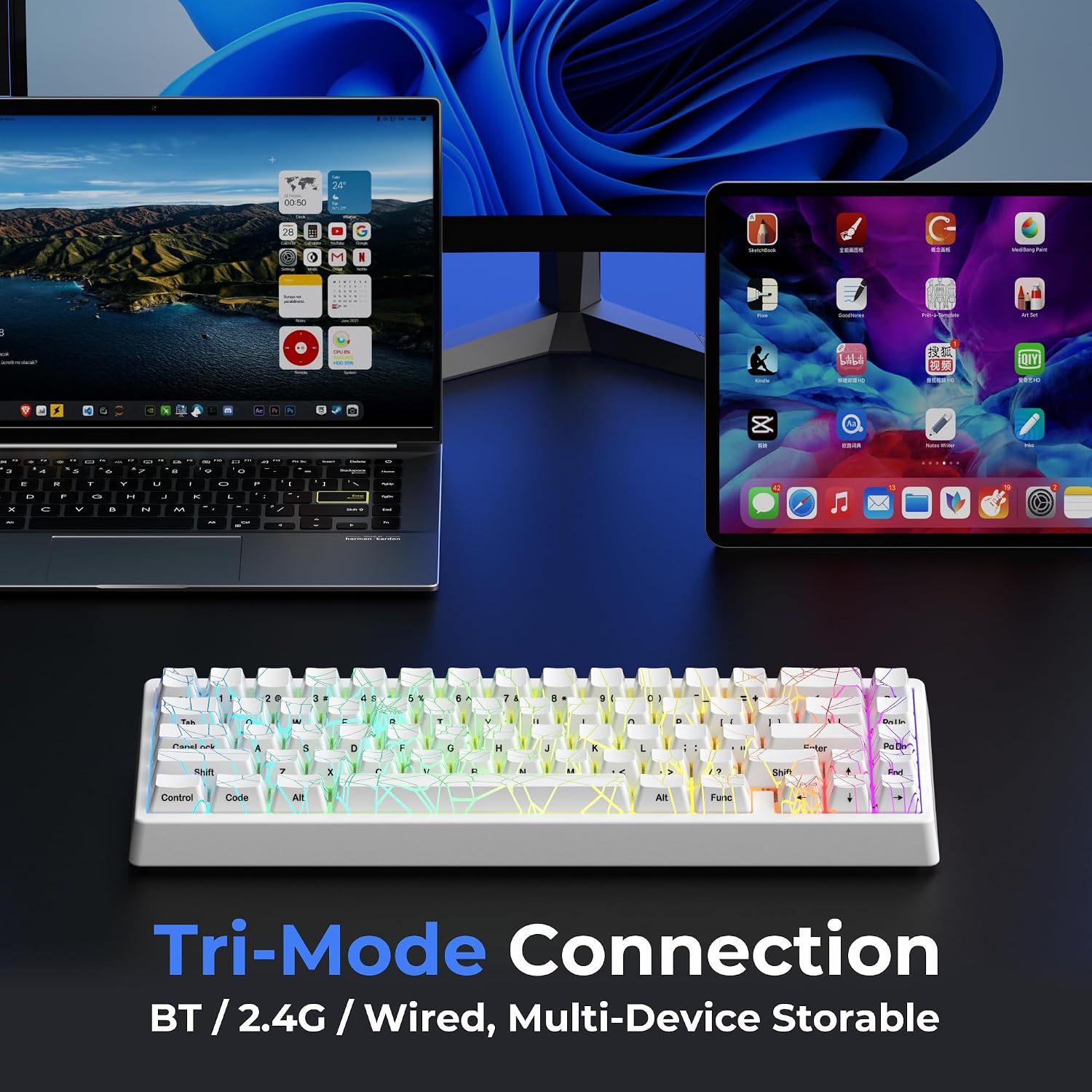 TECLADO MECÁNICO INALÁMBRICO HITIME M67 BLANCO 60% QMK/VIA RGB - 3