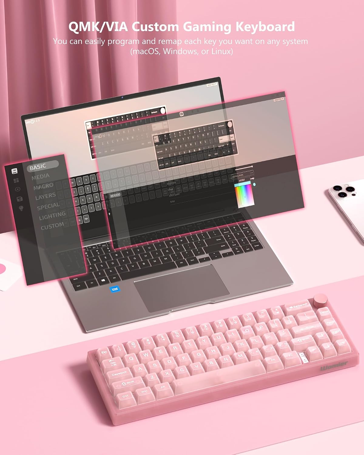 TECLADO MECÁNICO WOMIER VK66 PRO 60% ROSA GAMING QMK/VIA - 2