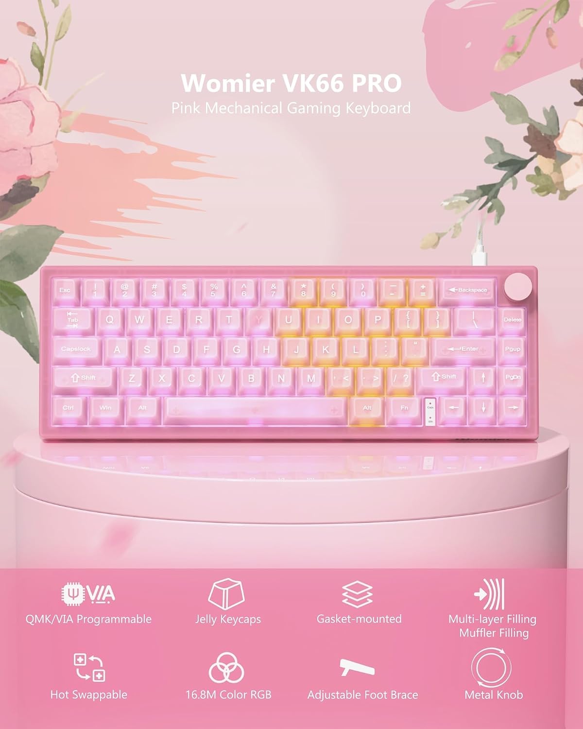TECLADO MECÁNICO WOMIER VK66 PRO 60% ROSA GAMING QMK/VIA - 5