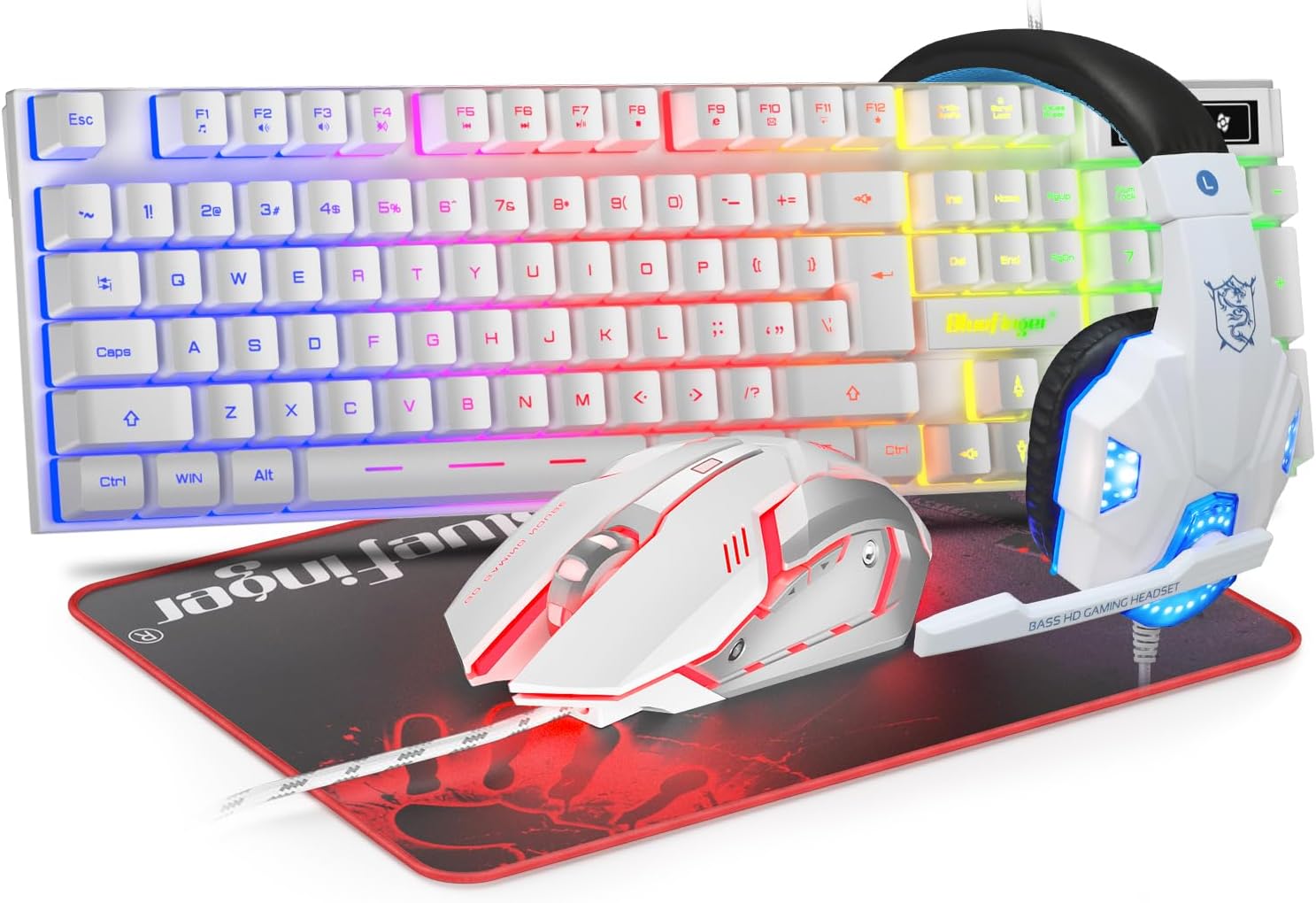 KIT DE TECLADO, MOUSE Y HEADSET GAMING BLUEFINGER RGB BLANCO CON CABLE USB - 1