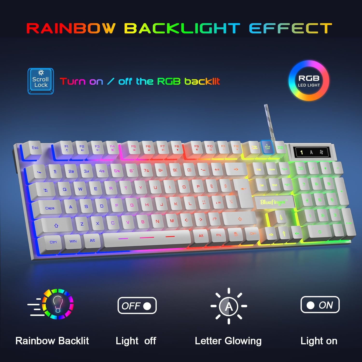 KIT DE TECLADO, MOUSE Y HEADSET GAMING BLUEFINGER RGB BLANCO CON CABLE USB - 2