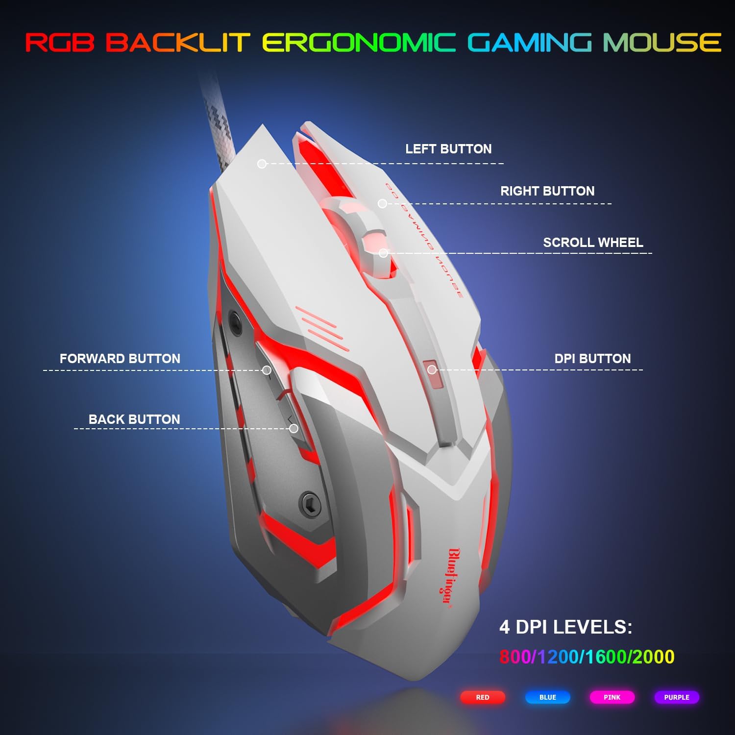 KIT DE TECLADO, MOUSE Y HEADSET GAMING BLUEFINGER RGB BLANCO CON CABLE USB - 4