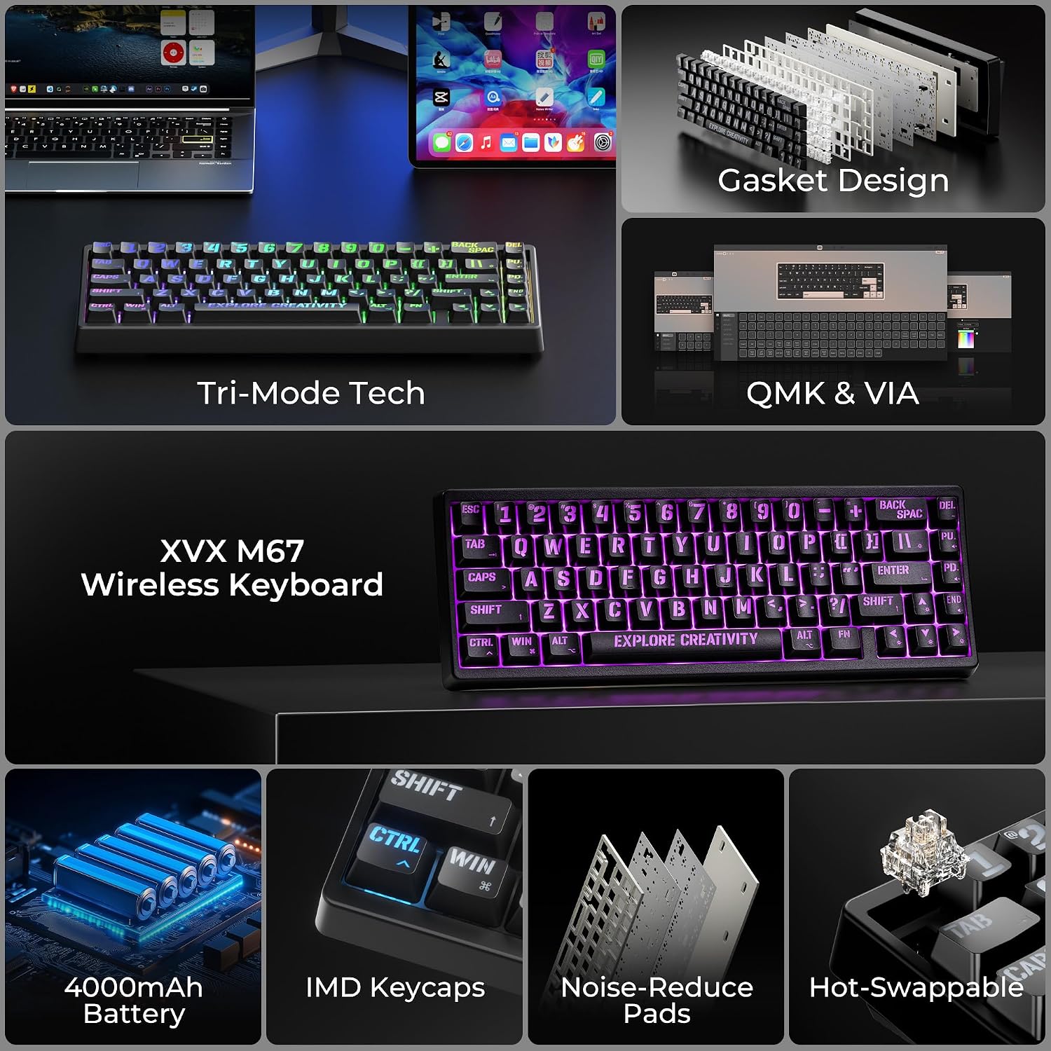 TECLADO MECÁNICO INALÁMBRICO HITIME M67 60% QMK/VIA RGB NEGRO - 2