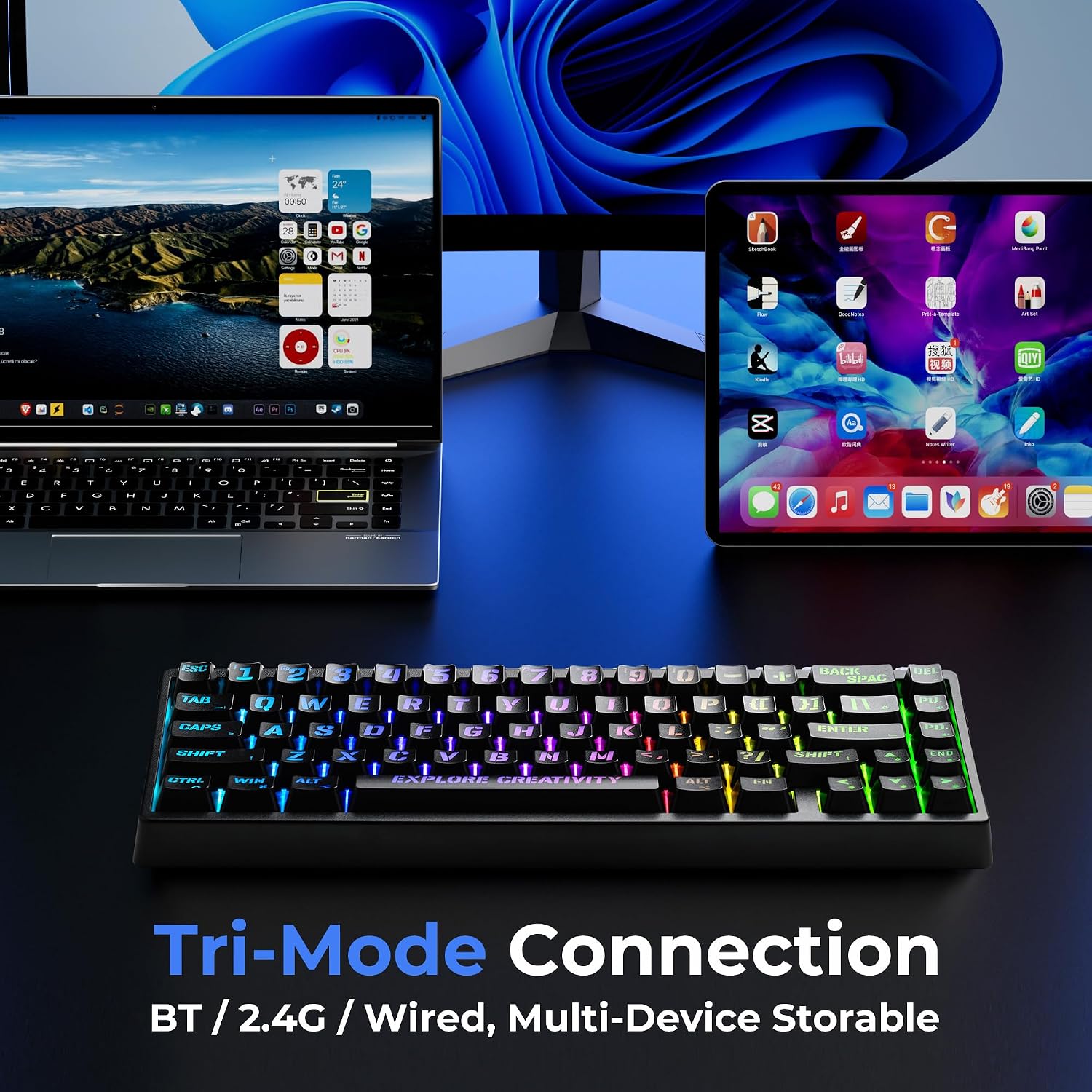 TECLADO MECÁNICO INALÁMBRICO HITIME M67 60% QMK/VIA RGB NEGRO - 3