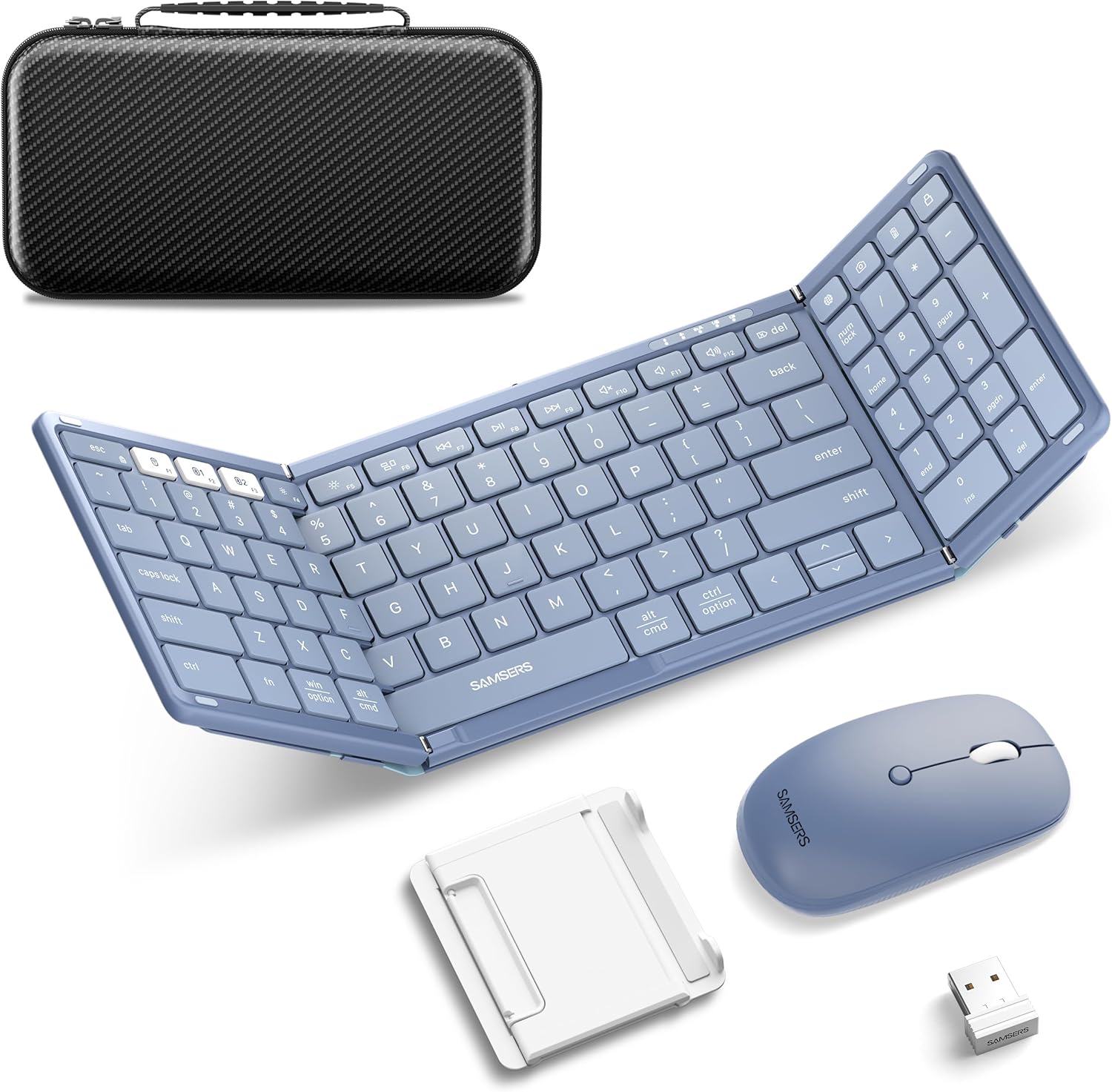 KIT DE TECLADO PLEGABLE Y MOUSE INALÁMBRICO SAMSERS BLUETOOTH 2.4G + BT5.0 DOBLE, TAMAÑO COMPLETO, COLOR AZUL - 1