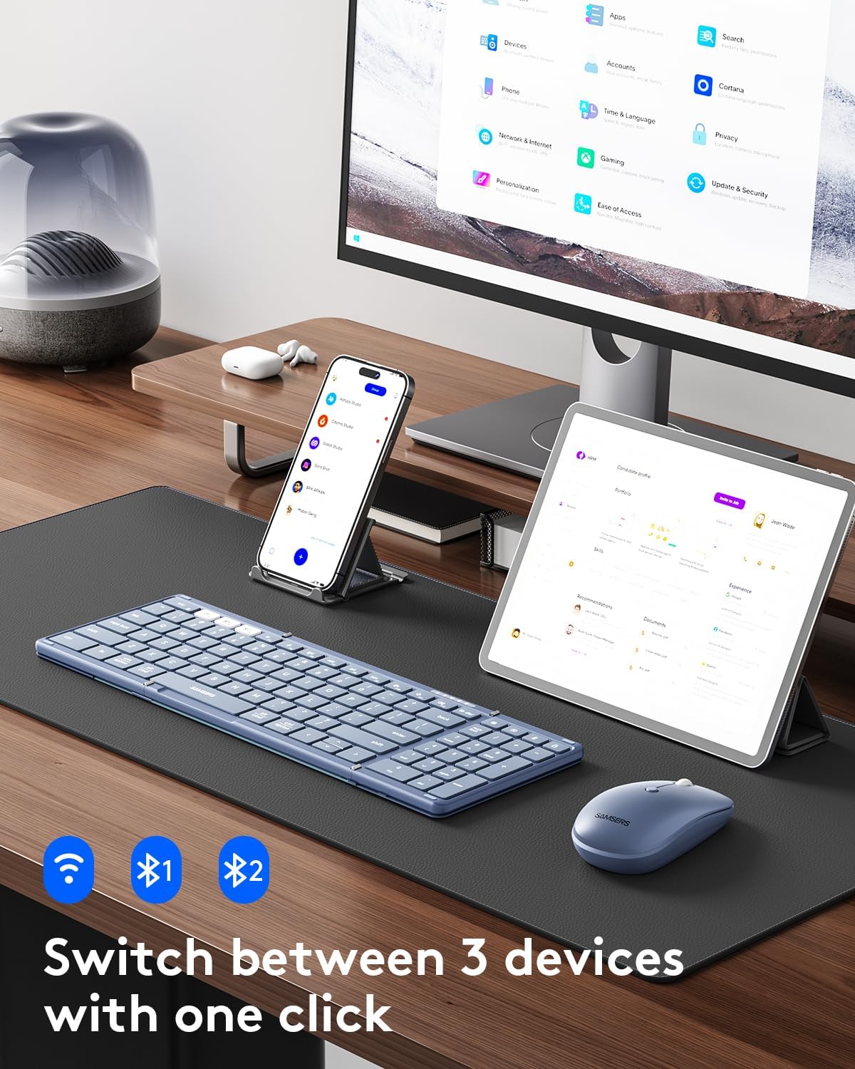 KIT DE TECLADO PLEGABLE Y MOUSE INALÁMBRICO SAMSERS BLUETOOTH 2.4G + BT5.0 DOBLE, TAMAÑO COMPLETO, COLOR AZUL - 2