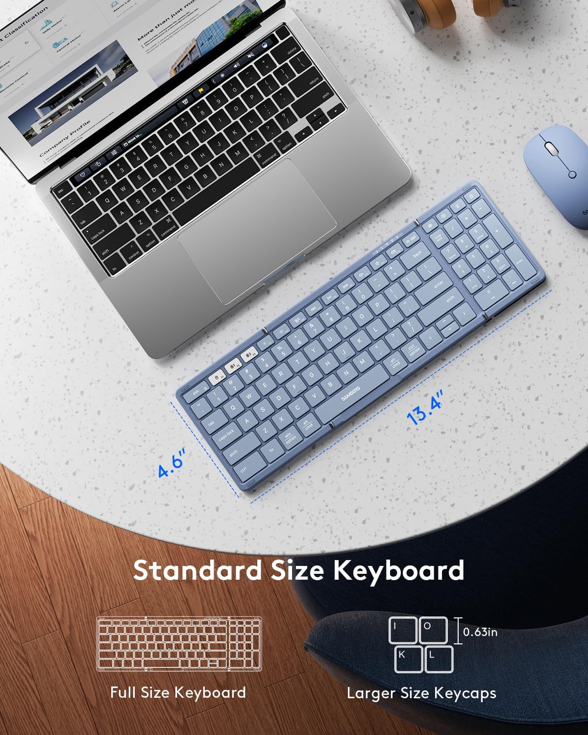 KIT DE TECLADO PLEGABLE Y MOUSE INALÁMBRICO SAMSERS BLUETOOTH 2.4G + BT5.0 DOBLE, TAMAÑO COMPLETO, COLOR AZUL - 3
