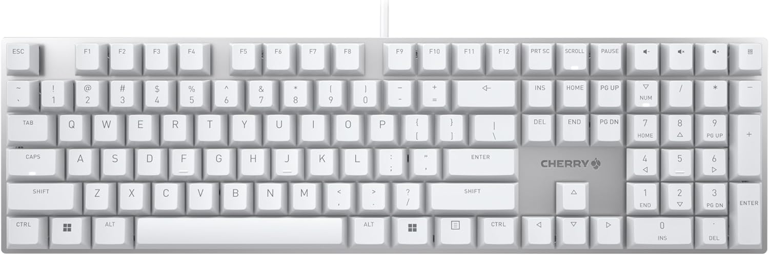 TECLADO MECÁNICO CHERRY KC 200 MX CON CABLE, SWITCHES MX2A BROWN, SUPERFICIE DE ALUMINIO BLANCO Y PLATA, CONEXIÓN USB-A - 1