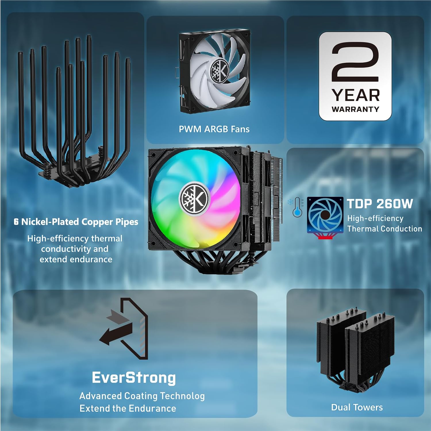 ENFRIADOR DE CPU KINGCOOL CRYO TITAN 120 ARGB DUAL-TOWER 260W TDP NEGRO - 3