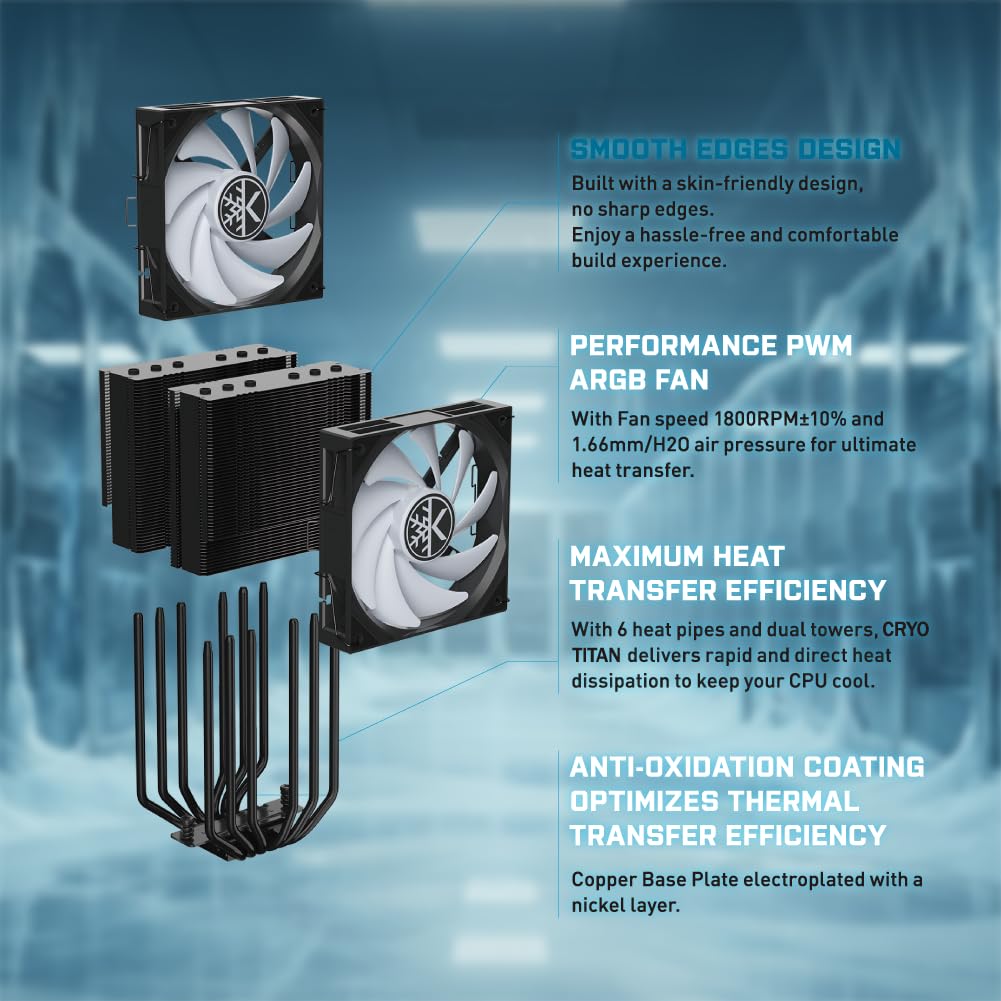 ENFRIADOR DE CPU KINGCOOL CRYO TITAN 120 ARGB DUAL-TOWER 260W TDP NEGRO - 4