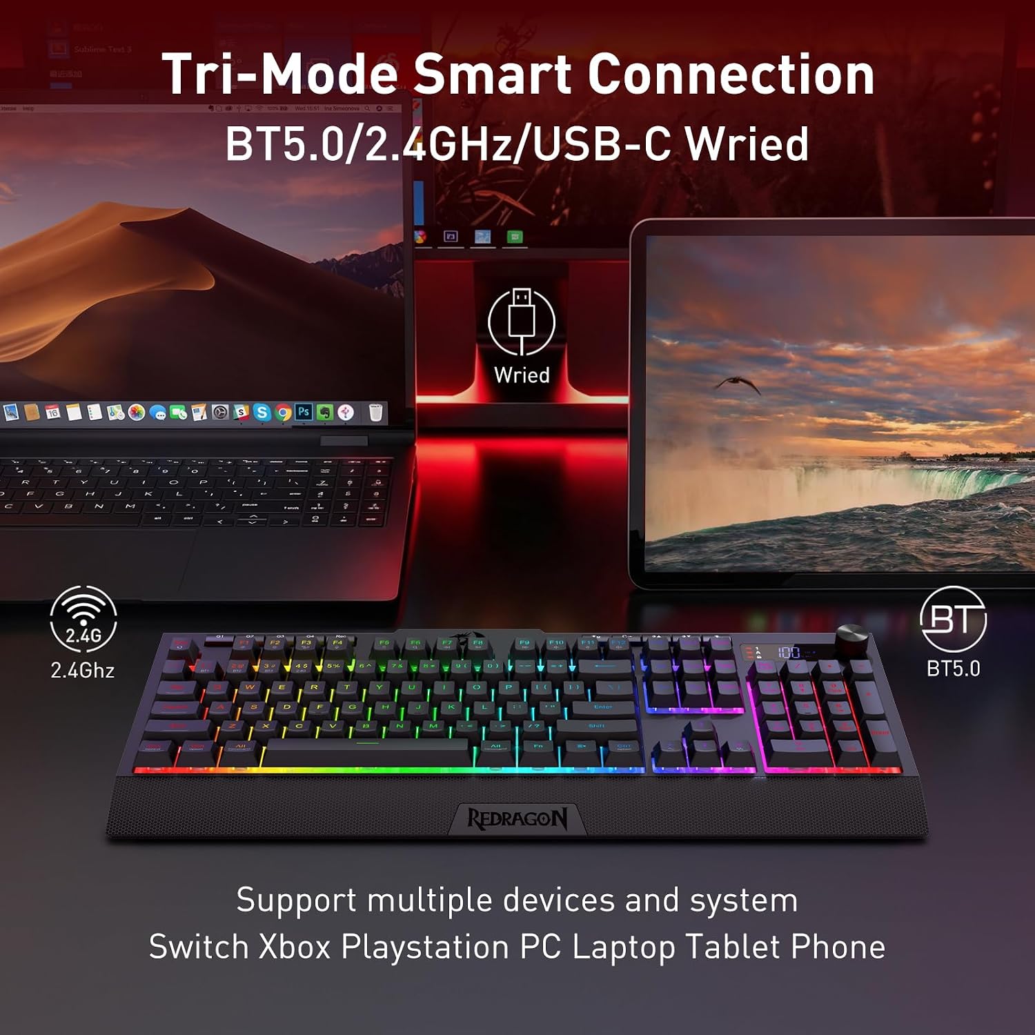 TECLADO REDRAGON K525 PRO RGB INALÁMBRICO MEMBRANA GAMING CON PANTALLA Y PERILLA - 3