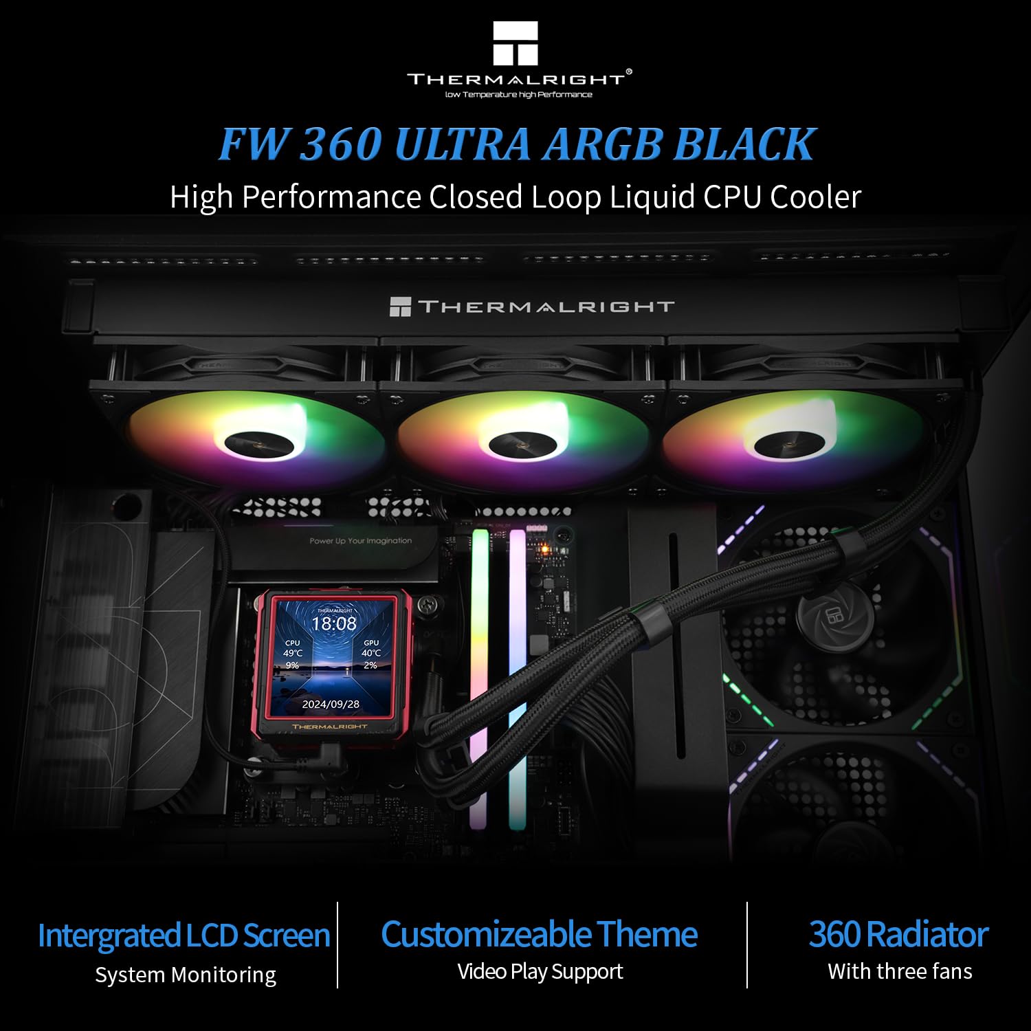ENFRIADOR LÍQUIDO PARA CPU THERMALRIGHT FW 360 ULTRA ARGB NEGRO CON PANTALLA LCD 2.44 PULGADAS - 2