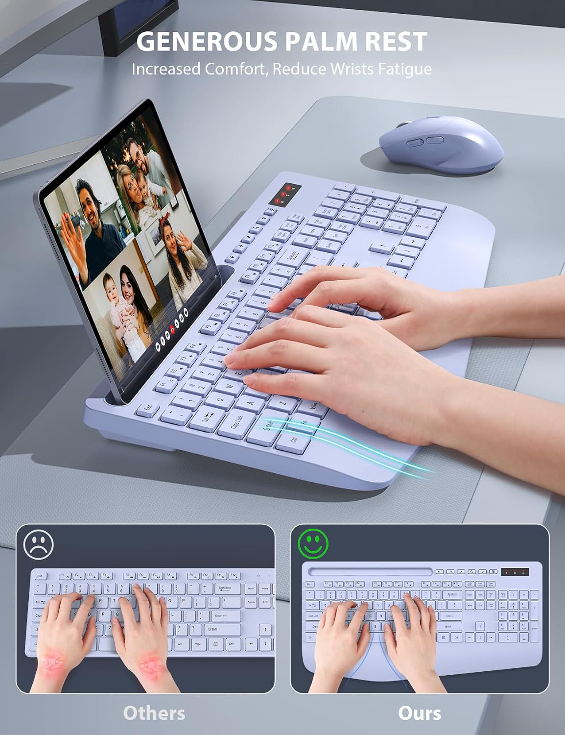 KIT INALÁMBRICO DE TECLADO Y MOUSE TRUEQUE CON REPOSAMUÑECAS ERGONÓMICO MORADO - 2