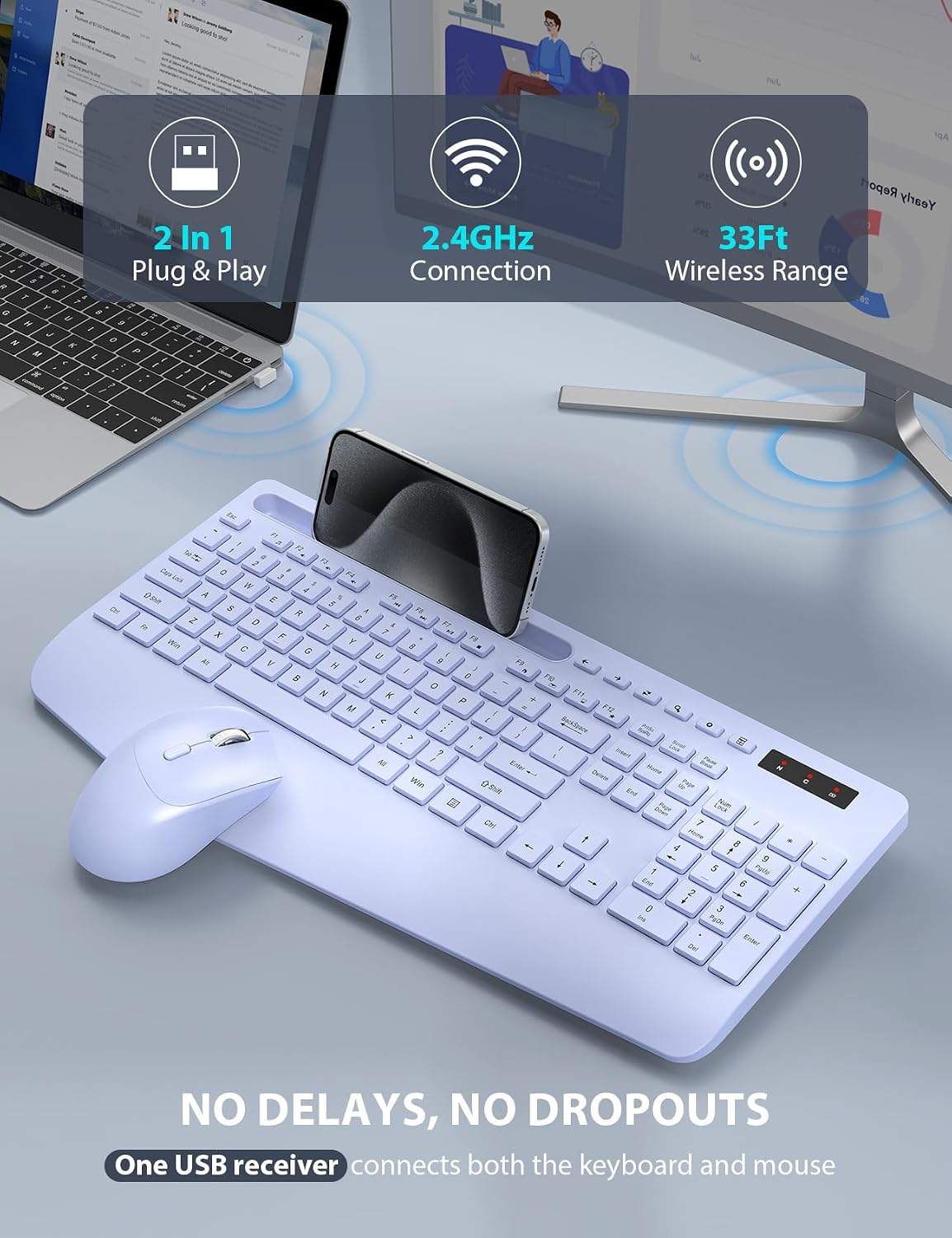 KIT INALÁMBRICO DE TECLADO Y MOUSE TRUEQUE CON REPOSAMUÑECAS ERGONÓMICO MORADO - 4