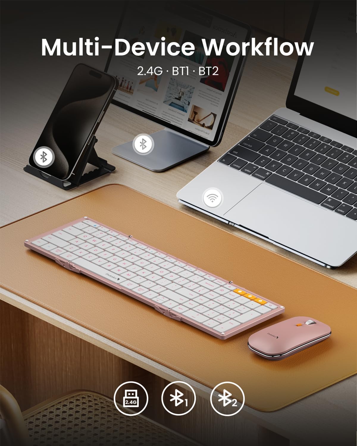KIT DE TECLADO Y MOUSE PLEGABLE PROTOARC XKM01 TAMAÑO COMPLETO COLOR ROSA - 4