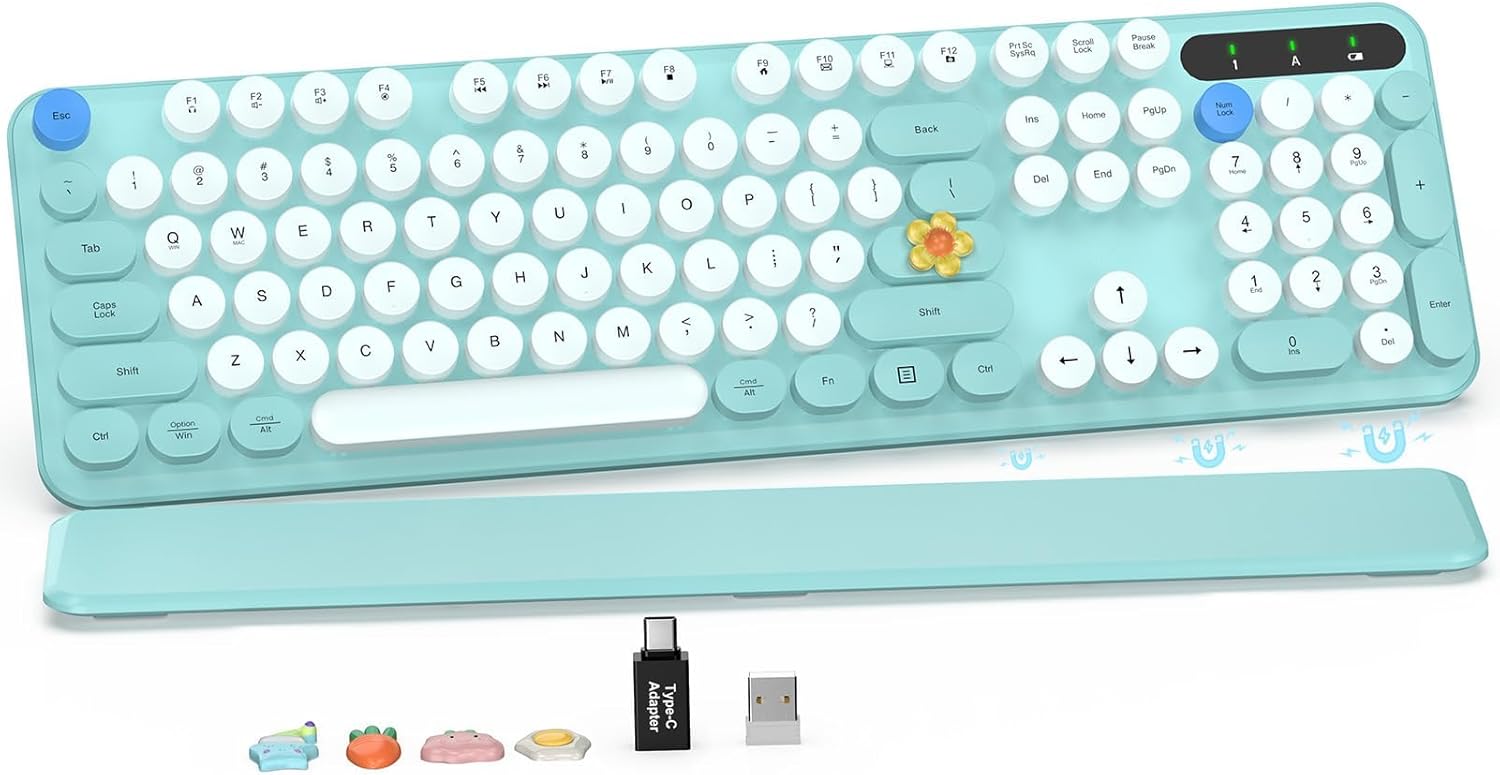TECLADO INALÁMBRICO SABLUTE MODELO UL0EO1000C TIFFANY BLUE CON TECLAS REDONDAS Y REPOSAMUÑECAS DESMONTABLE - 1