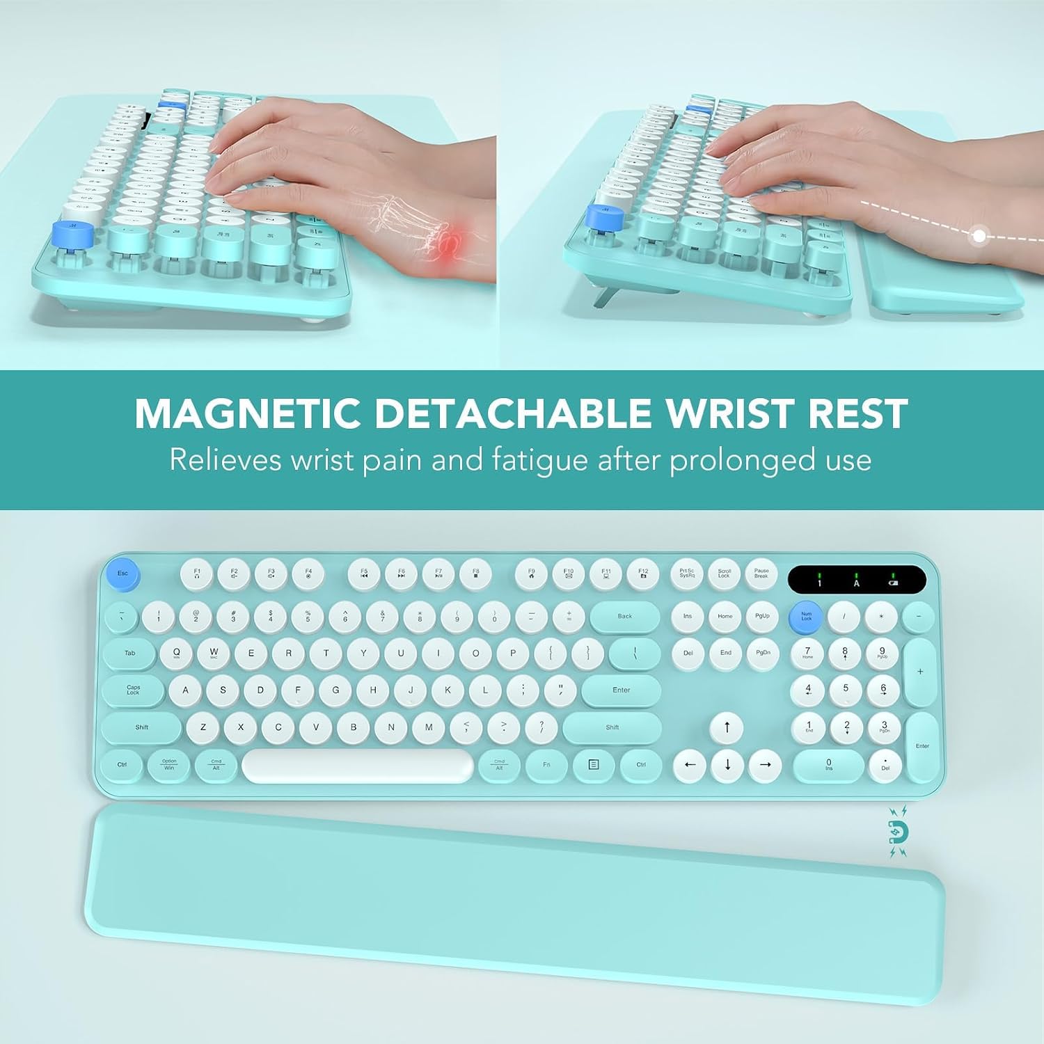 TECLADO INALÁMBRICO SABLUTE MODELO UL0EO1000C TIFFANY BLUE CON TECLAS REDONDAS Y REPOSAMUÑECAS DESMONTABLE - 2