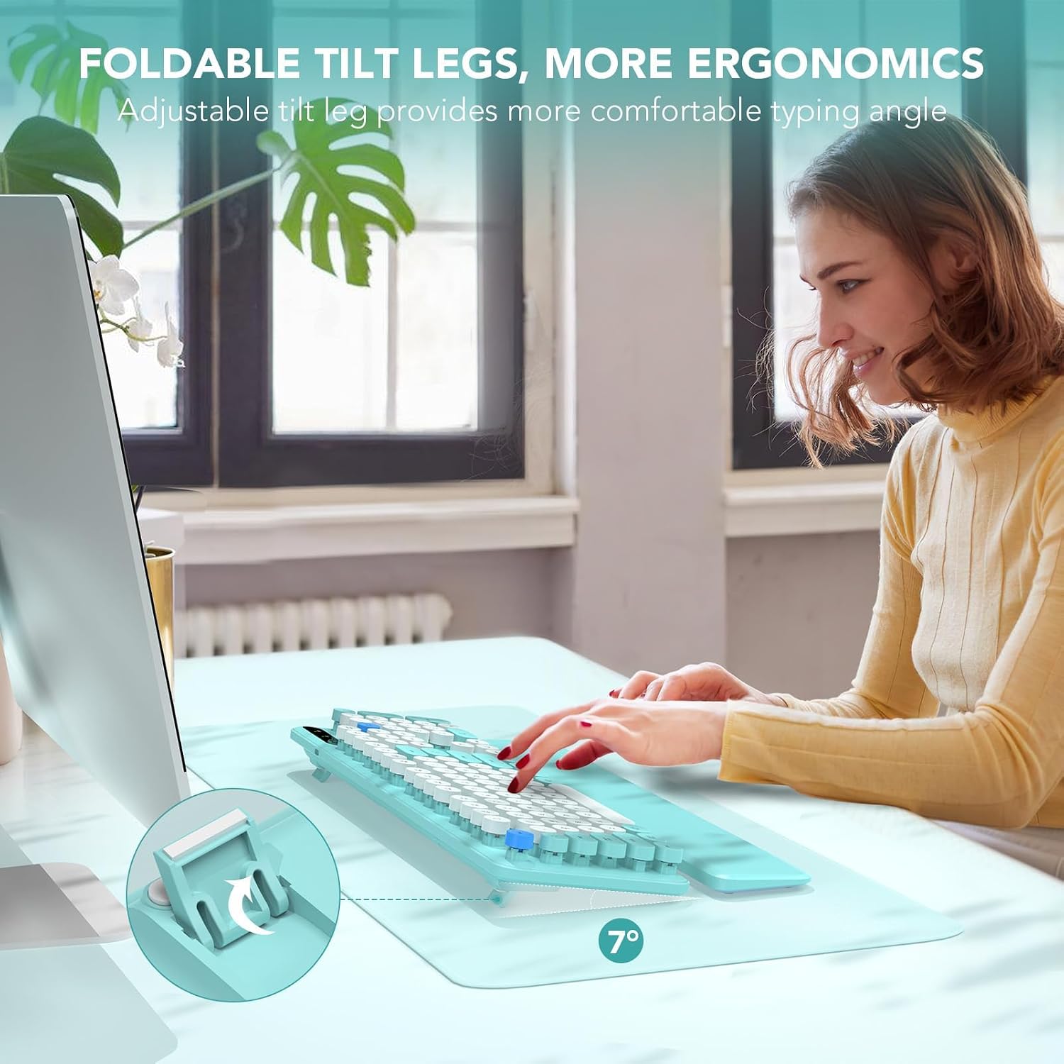 TECLADO INALÁMBRICO SABLUTE MODELO UL0EO1000C TIFFANY BLUE CON TECLAS REDONDAS Y REPOSAMUÑECAS DESMONTABLE - 3