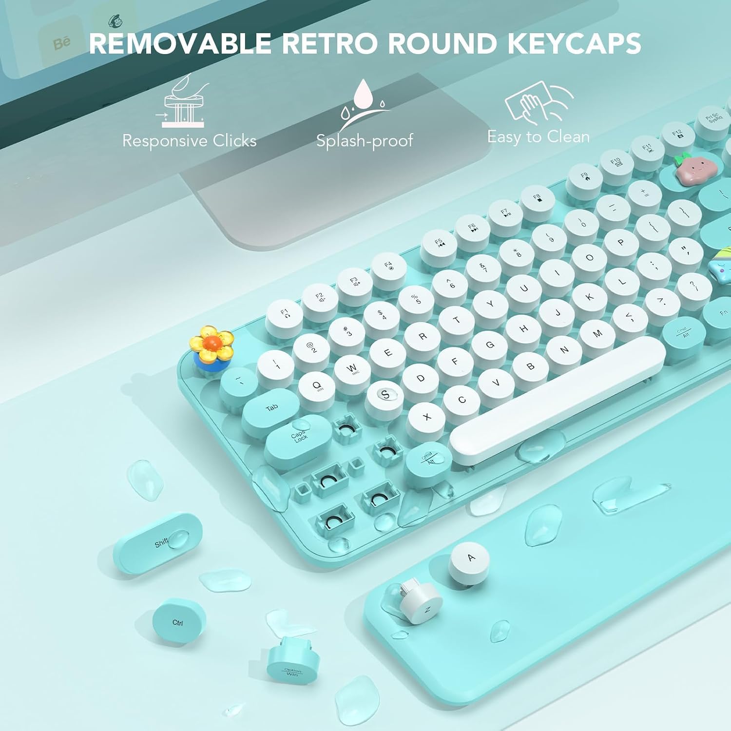 TECLADO INALÁMBRICO SABLUTE MODELO UL0EO1000C TIFFANY BLUE CON TECLAS REDONDAS Y REPOSAMUÑECAS DESMONTABLE - 4