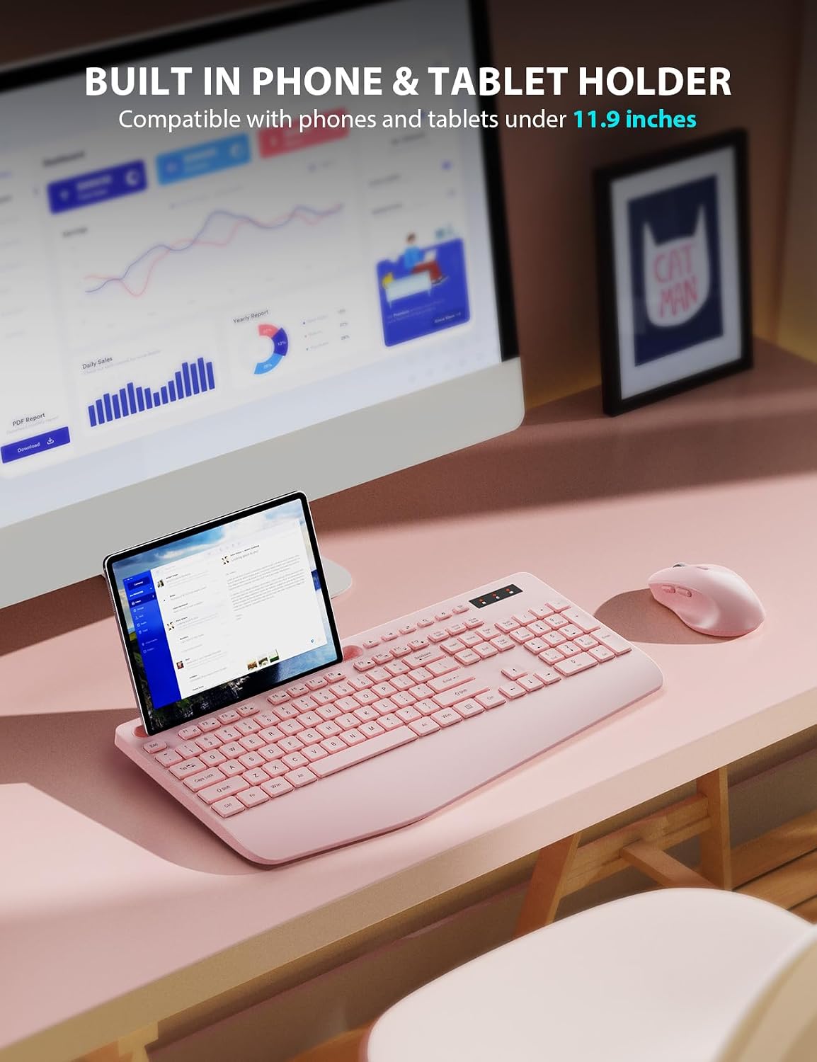 KIT INALÁMBRICO DE TECLADO Y MOUSE TRUEQUE CON TECLADO ERGONÓMICO Y SOPORTE PARA CELULAR - 3