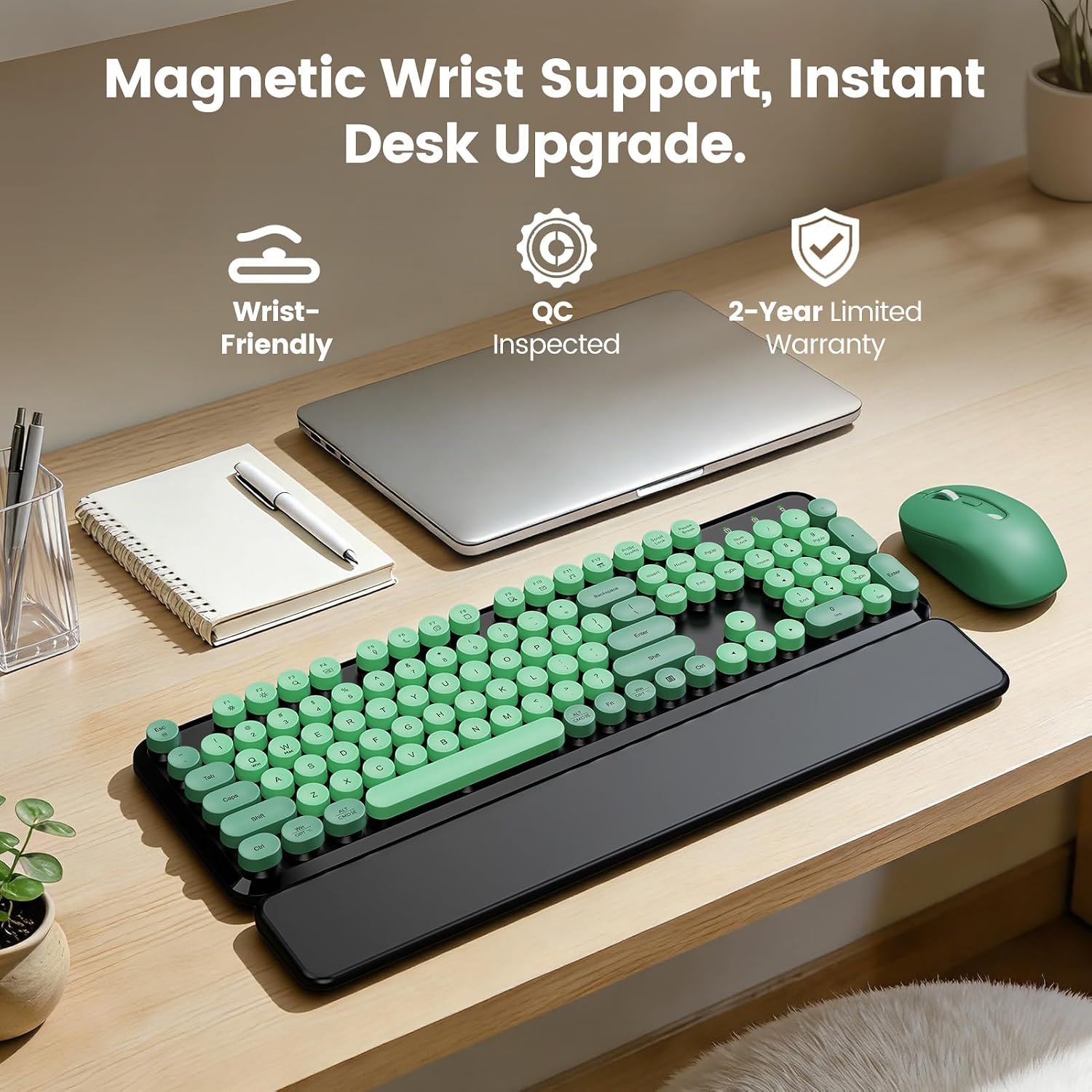 KIT INALÁMBRICO TECLADO Y MOUSE SABLUTE VERDE Y NEGRO CON REPOSAMUÑECAS MAGNÉTICO - 2