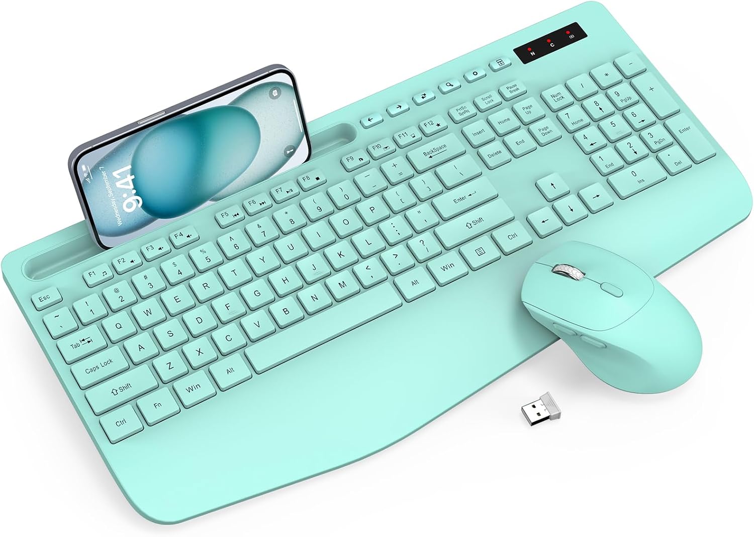 KIT INALÁMBRICO DE TECLADO Y MOUSE TRUEQUE VERDE CON REPOSAMUÑECAS Y SOPORTE PARA CELULAR - 1