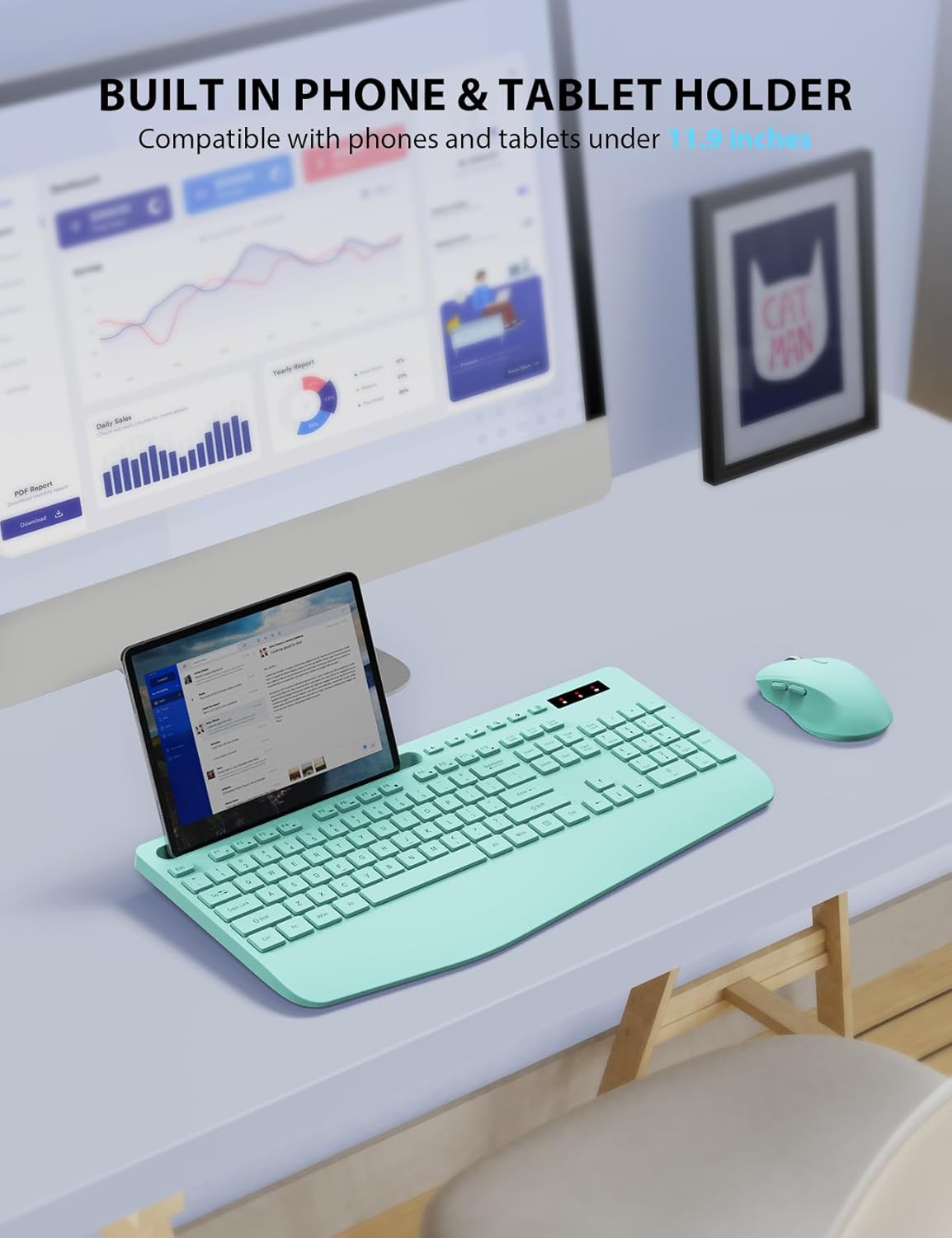 KIT INALÁMBRICO DE TECLADO Y MOUSE TRUEQUE VERDE CON REPOSAMUÑECAS Y SOPORTE PARA CELULAR - 3