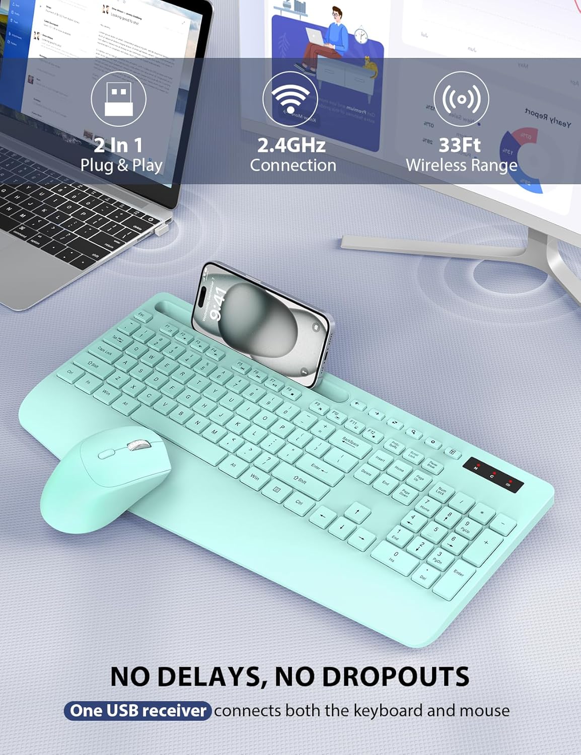 KIT INALÁMBRICO DE TECLADO Y MOUSE TRUEQUE VERDE CON REPOSAMUÑECAS Y SOPORTE PARA CELULAR - 4
