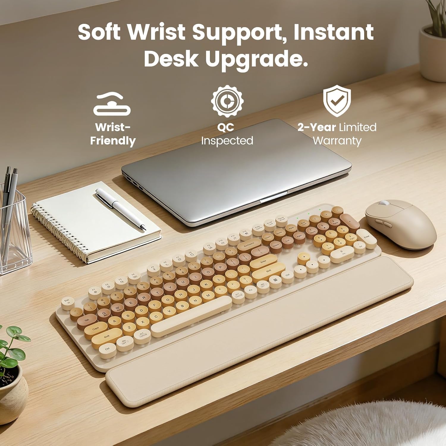 KIT INALÁMBRICO DE TECLADO Y MOUSE SABLUTE BEIGE CON REPOSAMUÑECAS MAGNÉTICO - 2