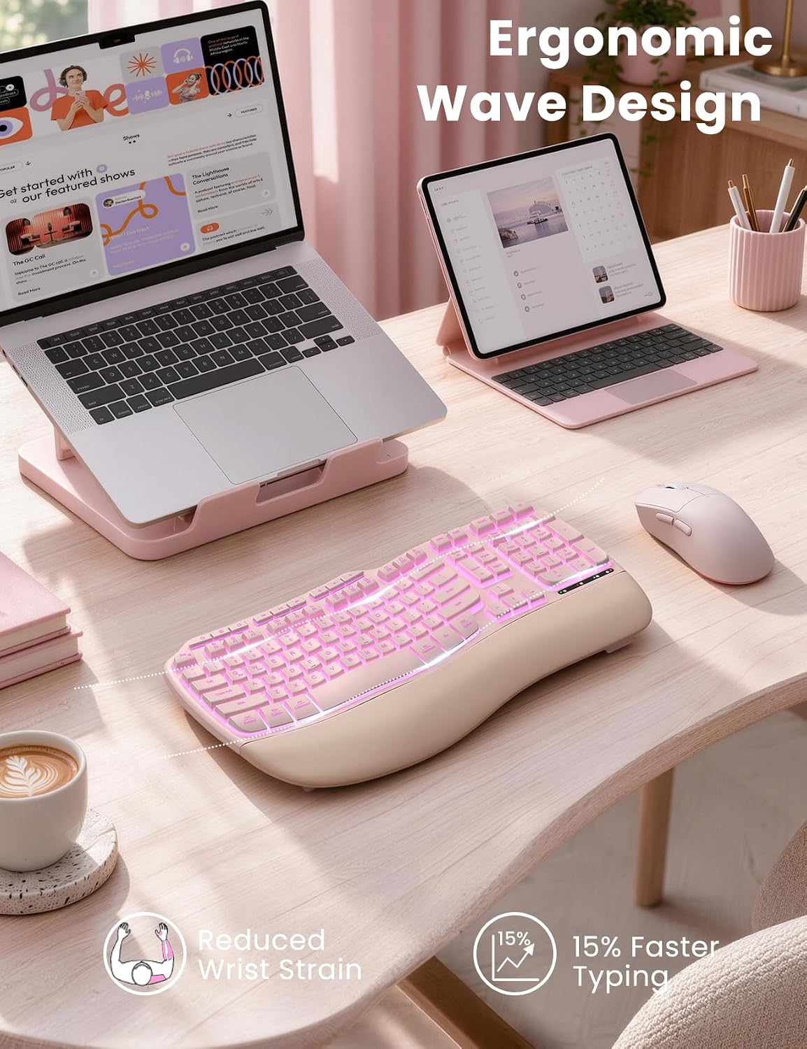 KIT DE TECLADO Y MOUSE INALÁMBRICO ERGONÓMICO SABLUTE ROSA RECARGABLE 4000MAH - 2