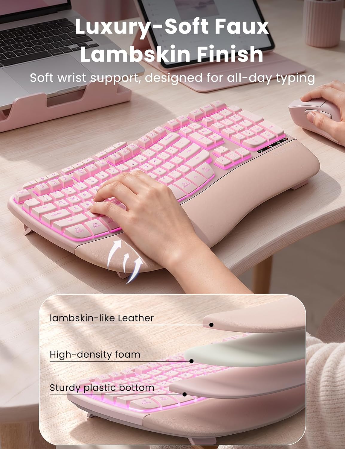 KIT DE TECLADO Y MOUSE INALÁMBRICO ERGONÓMICO SABLUTE ROSA RECARGABLE 4000MAH - 3