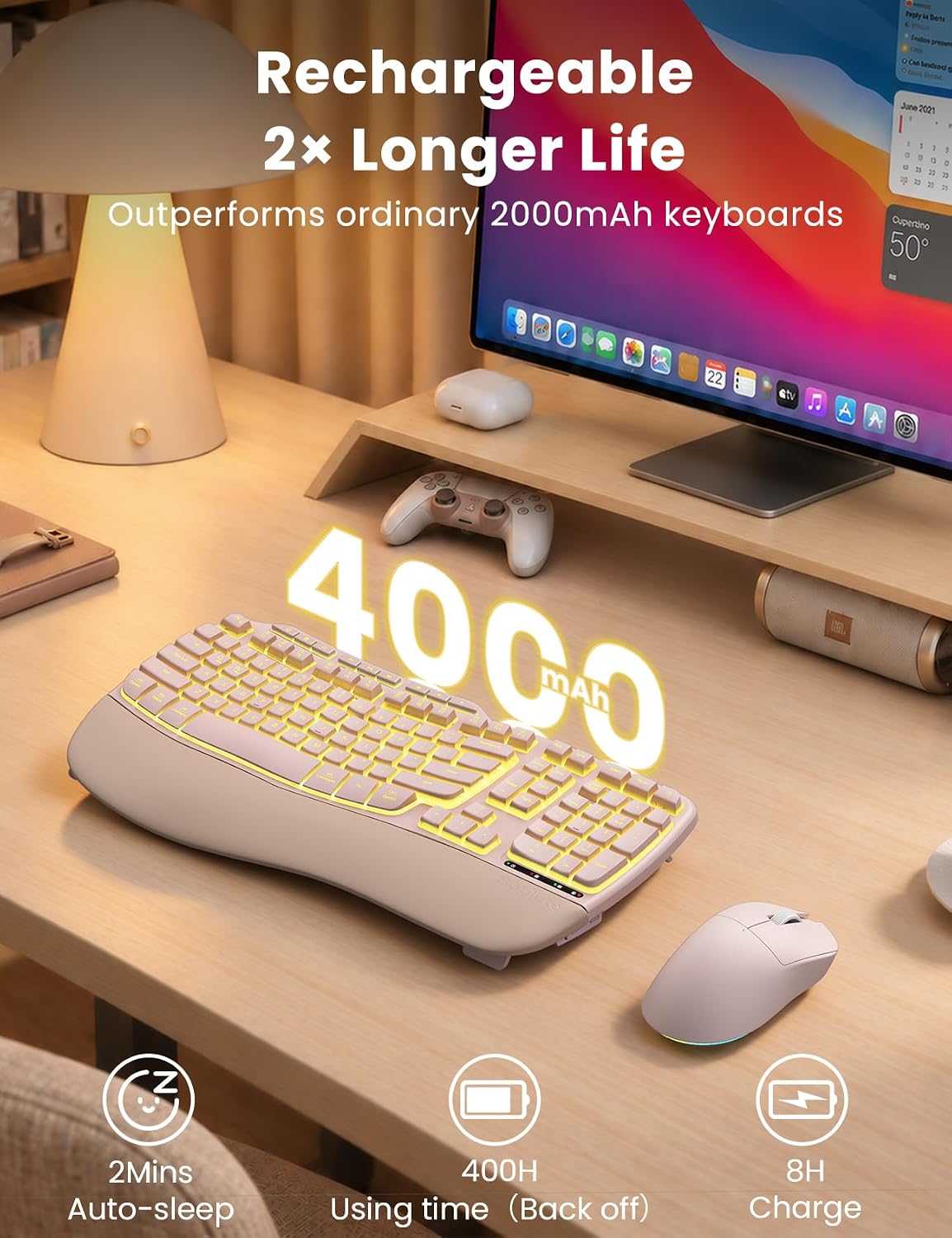 KIT DE TECLADO Y MOUSE INALÁMBRICO ERGONÓMICO SABLUTE ROSA RECARGABLE 4000MAH - 4