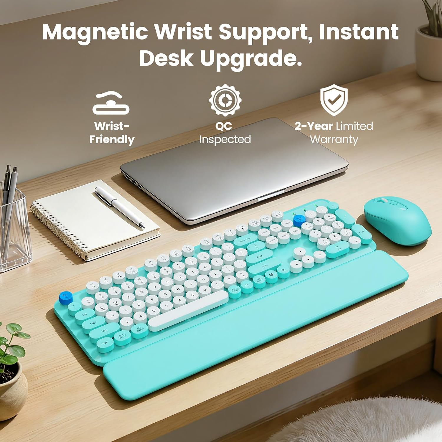 KIT INALÁMBRICO TECLADO Y MOUSE SABLUTE AQUA BLUE CON REPOSAMUÑECAS MAGNÉTICO - 2