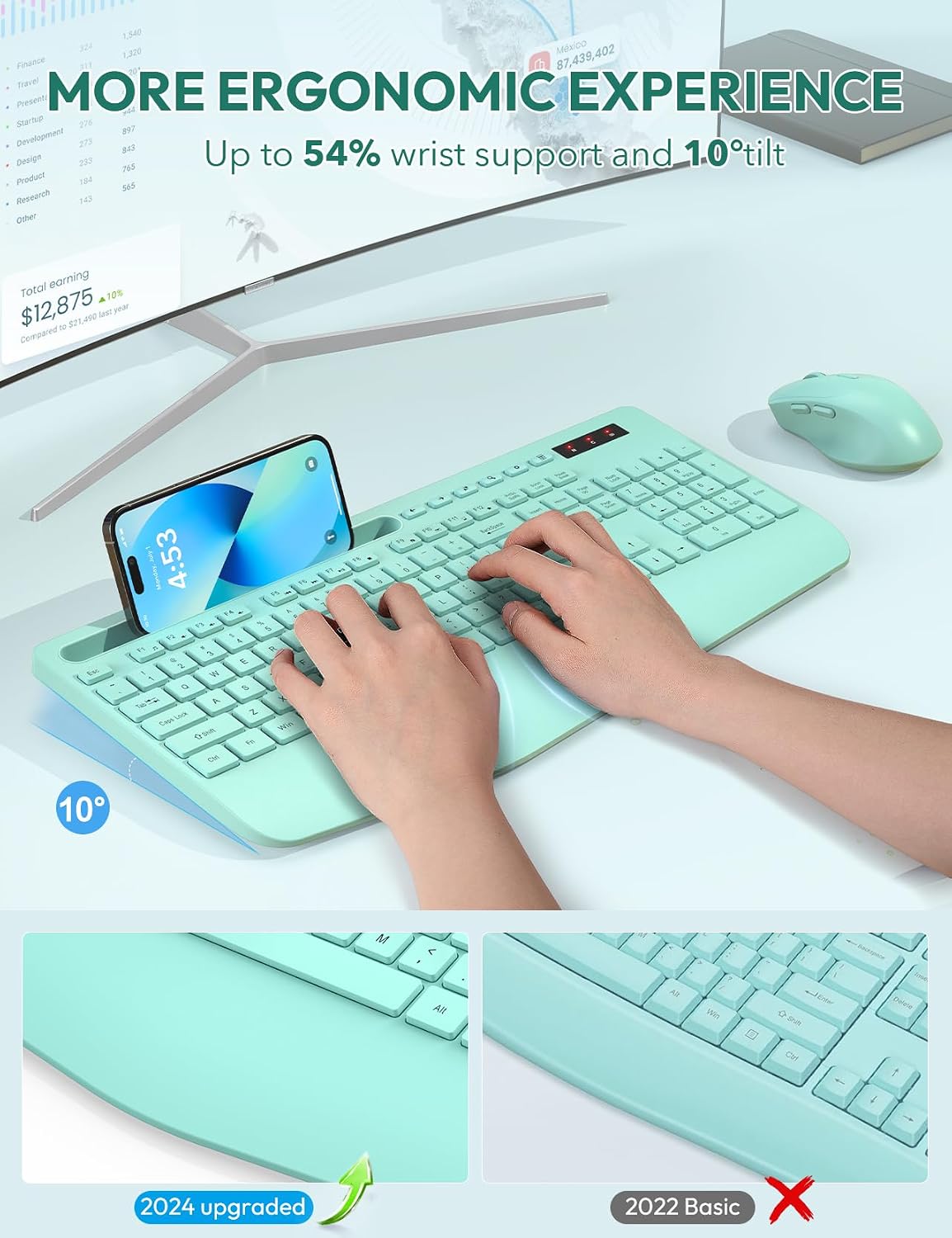 KIT INALÁMBRICO TECLADO Y MOUSE SABLUTE KM23D CON SOPORTE ERGONÓMICO PARA MUÑECA - 2