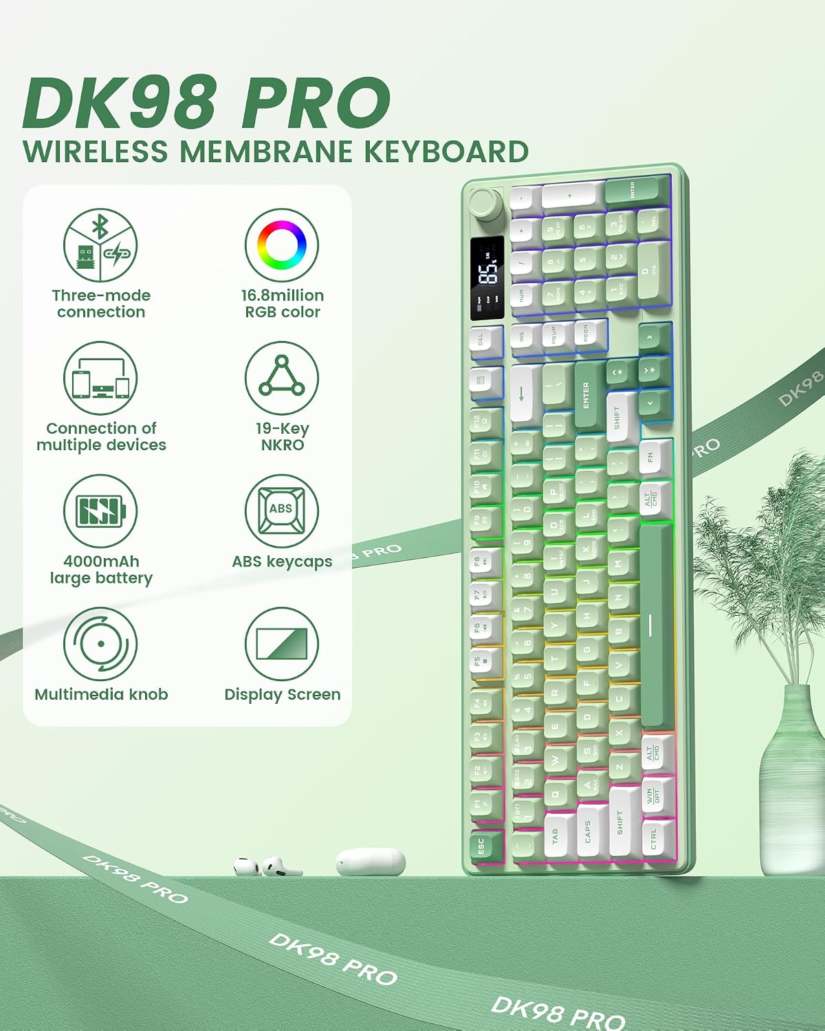 TECLADO KEYMATIC GAMING WIRELESS CREAMY DK98PRO VERDE RGB BLUETOOTH 2.4GHZ USB-C - 2