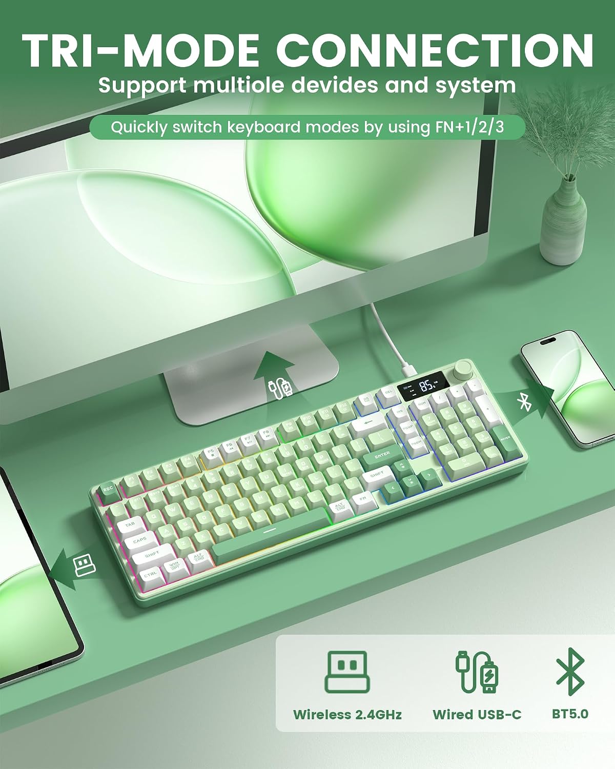 TECLADO KEYMATIC GAMING WIRELESS CREAMY DK98PRO VERDE RGB BLUETOOTH 2.4GHZ USB-C - 3