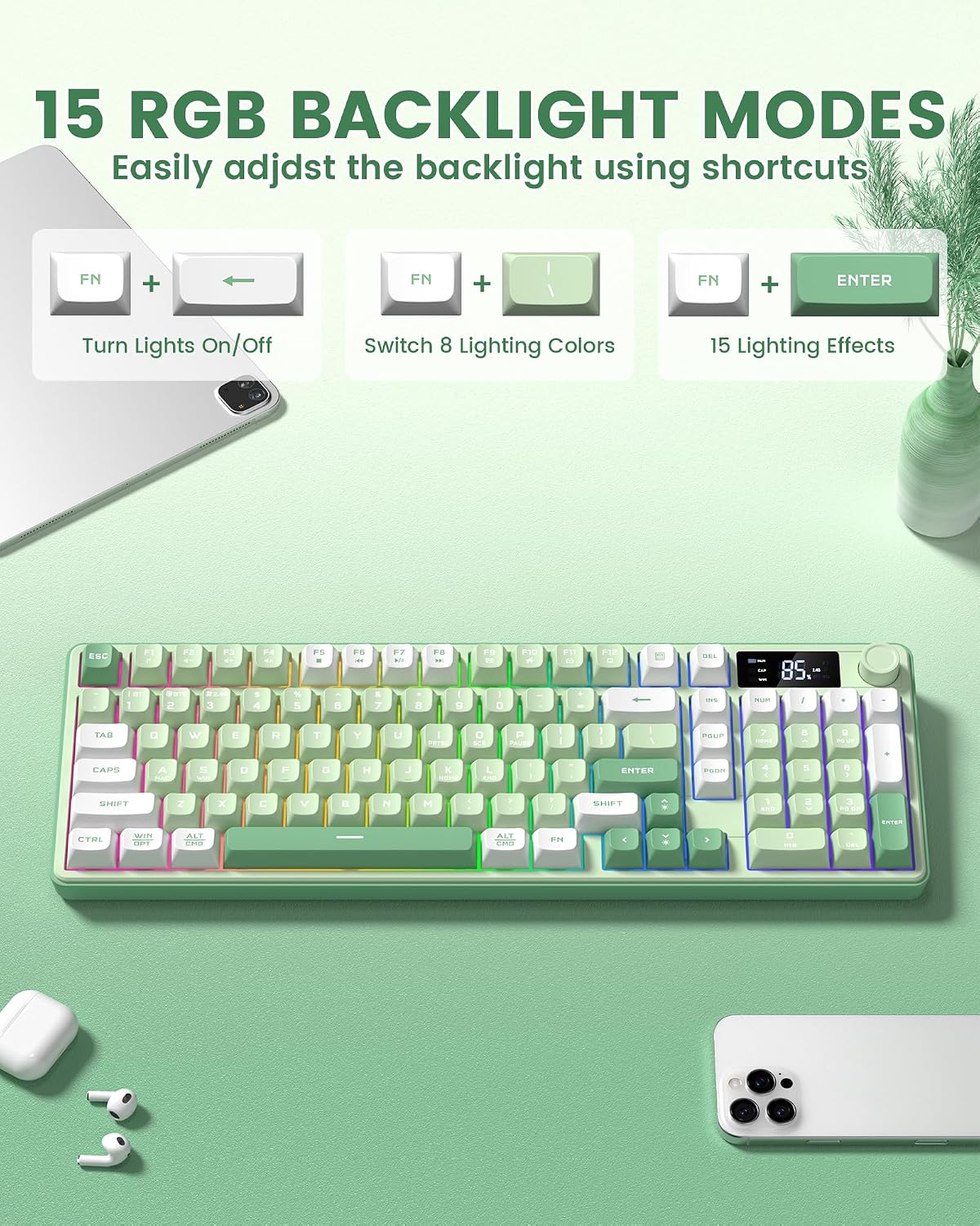 TECLADO KEYMATIC GAMING WIRELESS CREAMY DK98PRO VERDE RGB BLUETOOTH 2.4GHZ USB-C - 4