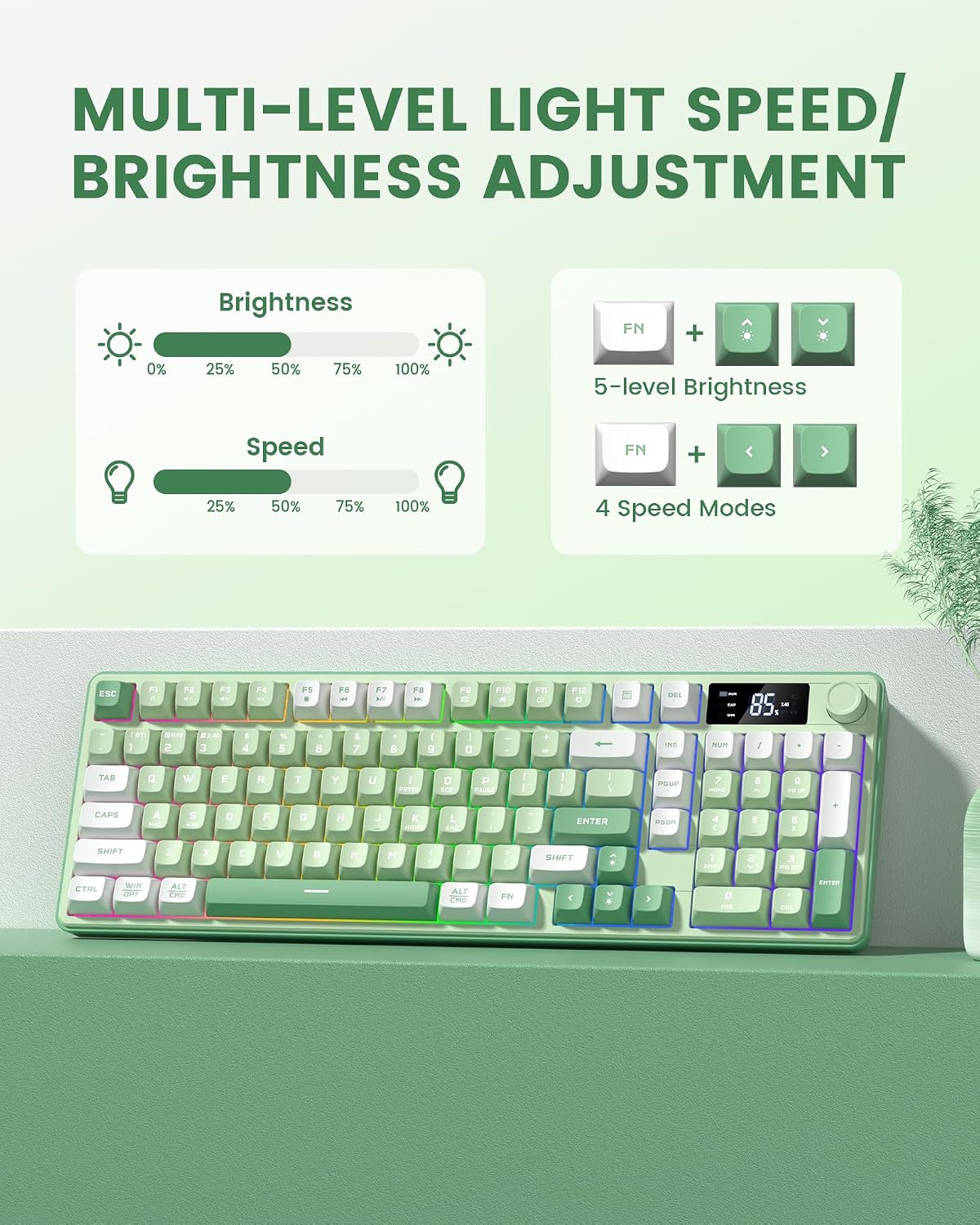 TECLADO KEYMATIC GAMING WIRELESS CREAMY DK98PRO VERDE RGB BLUETOOTH 2.4GHZ USB-C - 5