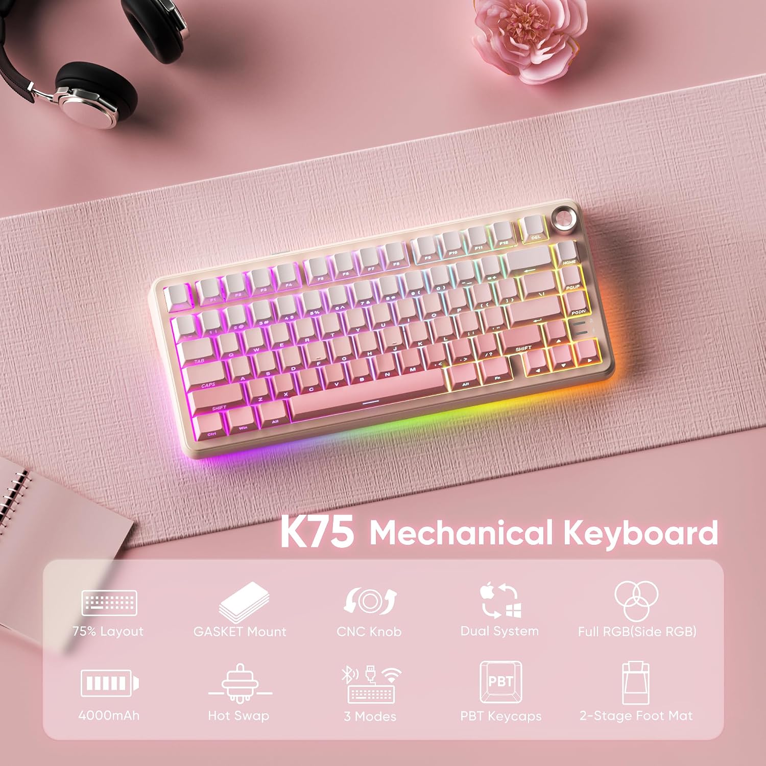 TECLADO MECÁNICO INALÁMBRICO REDTHUNDER K75 75% HOT SWAPPABLE ROSA SAKURA - 2