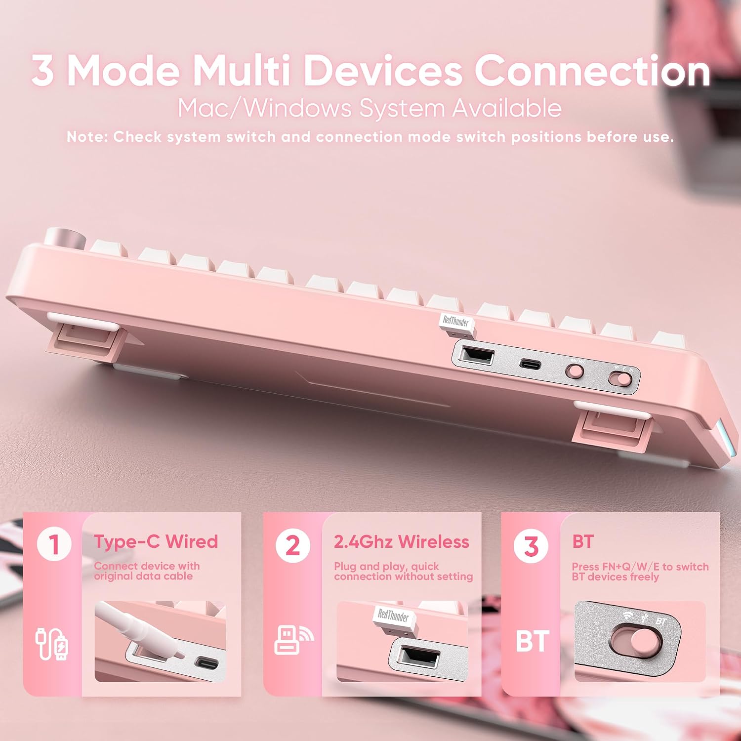 TECLADO MECÁNICO INALÁMBRICO REDTHUNDER K75 75% HOT SWAPPABLE ROSA SAKURA - 4