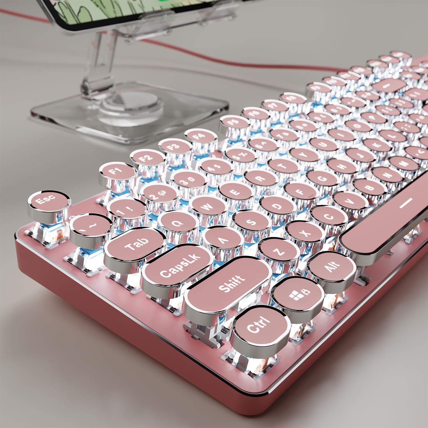 TECLADO MECÁNICO CON CABLE SEUNKWANG TK100 ESTILO MÁQUINA DE ESCRIBIR RETRO ROSA CON RETROILUMINACIÓN BLANCA - 1