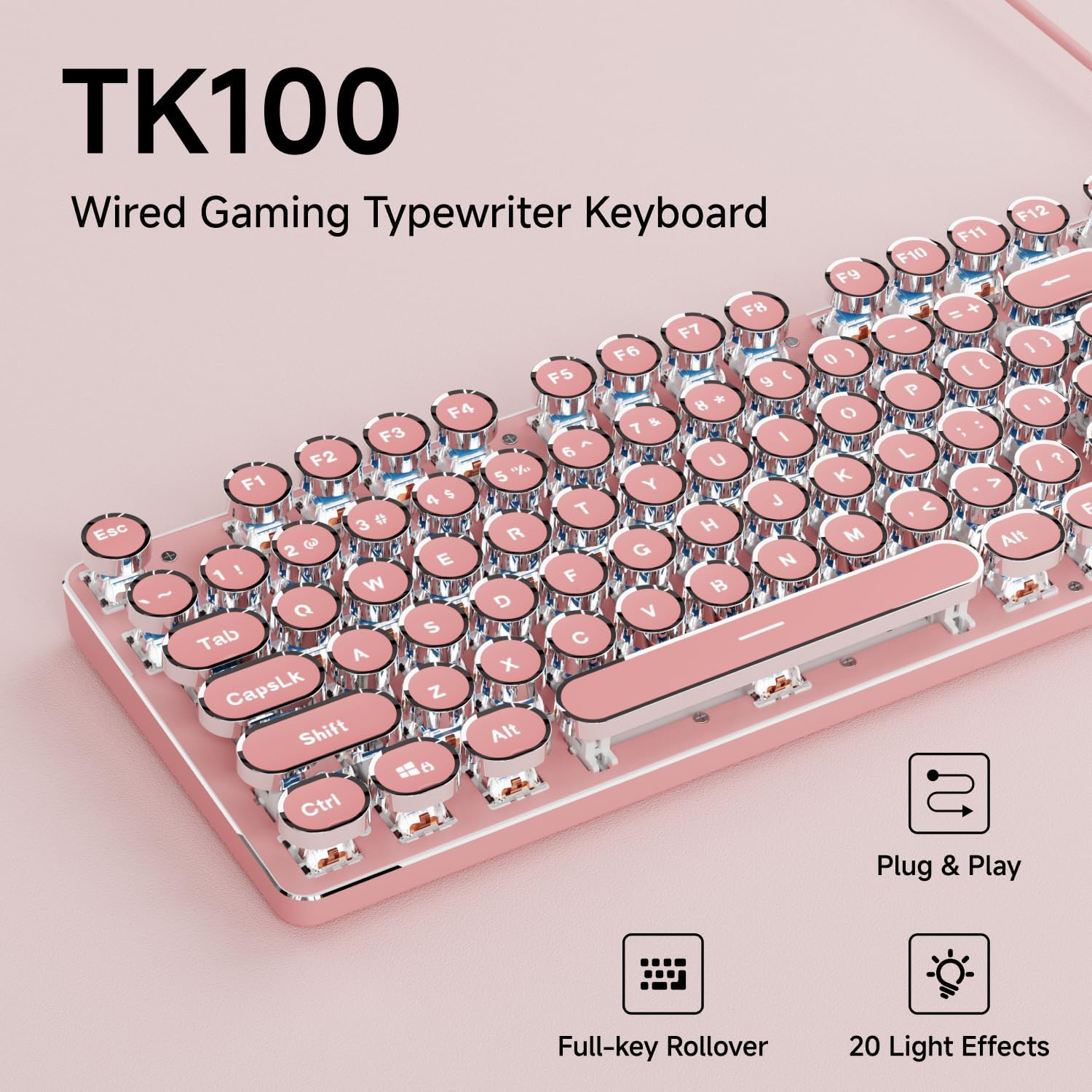 TECLADO MECÁNICO CON CABLE SEUNKWANG TK100 ESTILO MÁQUINA DE ESCRIBIR RETRO ROSA CON RETROILUMINACIÓN BLANCA - 2