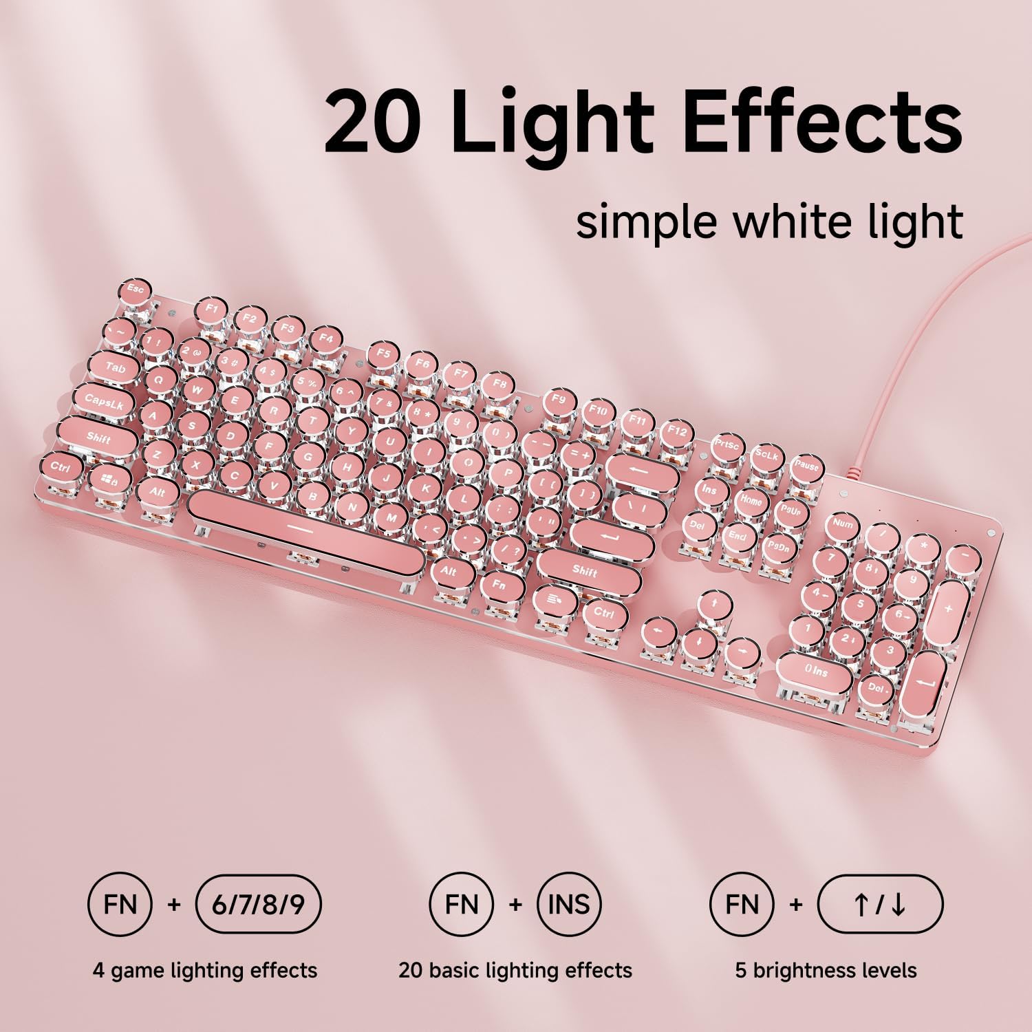 TECLADO MECÁNICO CON CABLE SEUNKWANG TK100 ESTILO MÁQUINA DE ESCRIBIR RETRO ROSA CON RETROILUMINACIÓN BLANCA - 3