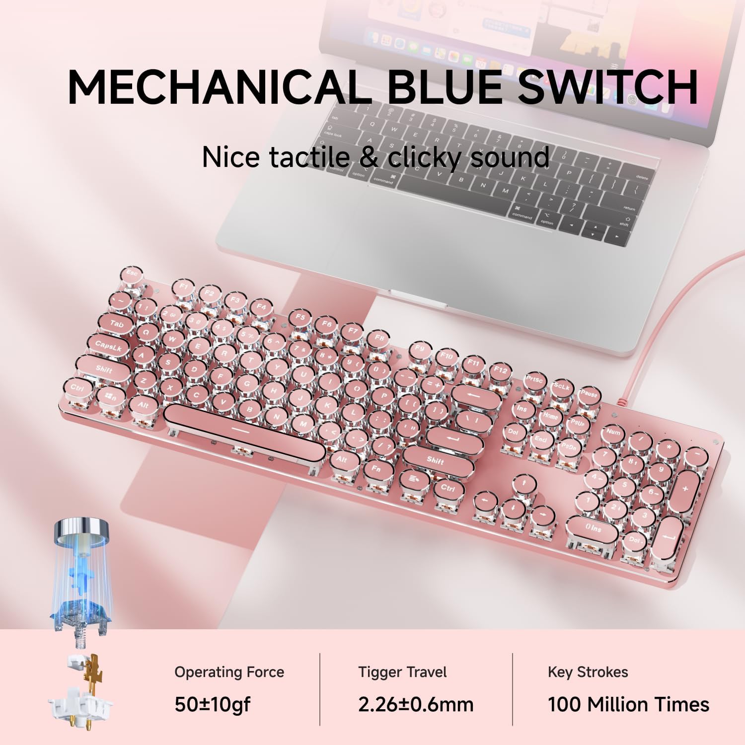 TECLADO MECÁNICO CON CABLE SEUNKWANG TK100 ESTILO MÁQUINA DE ESCRIBIR RETRO ROSA CON RETROILUMINACIÓN BLANCA - 4