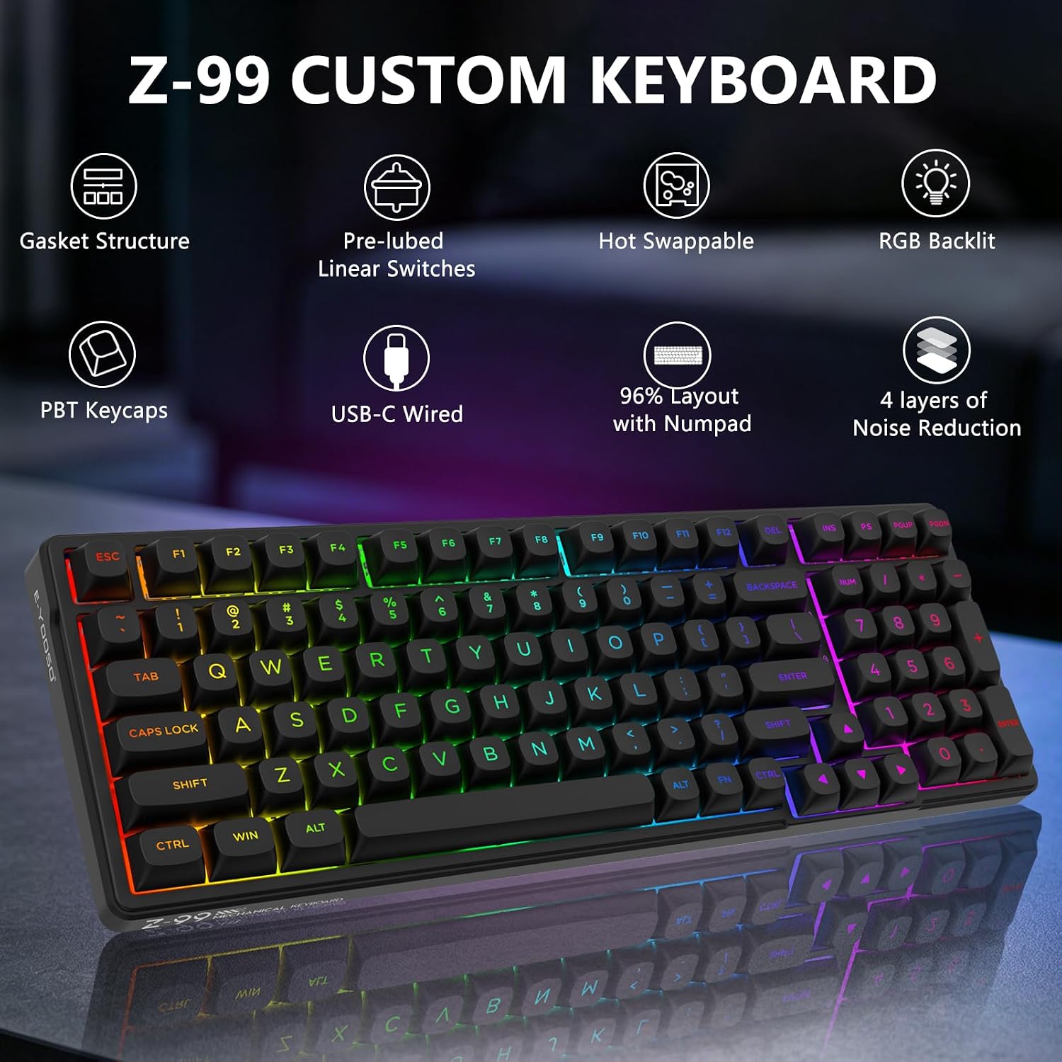 TECLADO MECÁNICO HUO JI Z-99 CON CABLE, RETROILUMINADO RGB, COLOR NEGRO - 2