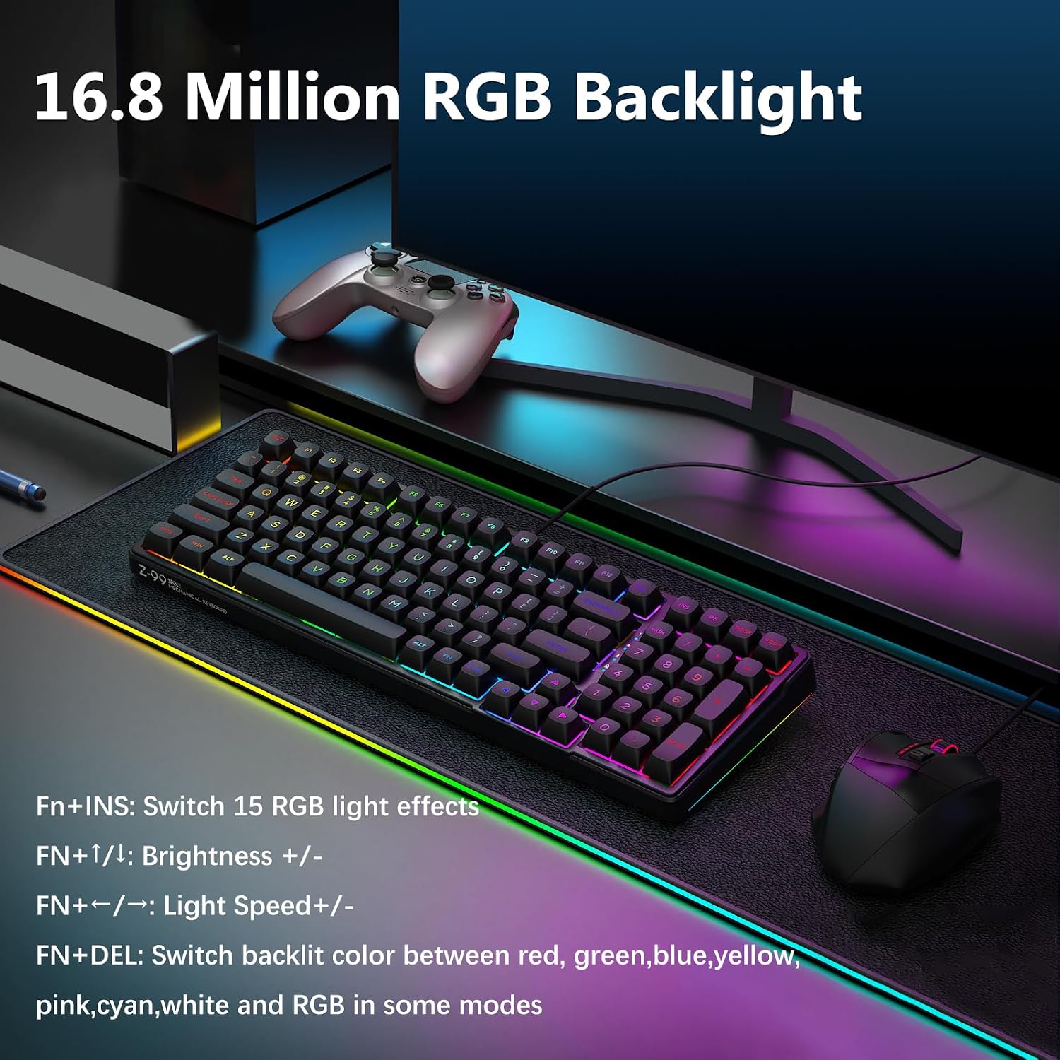 TECLADO MECÁNICO HUO JI Z-99 CON CABLE, RETROILUMINADO RGB, COLOR NEGRO - 4