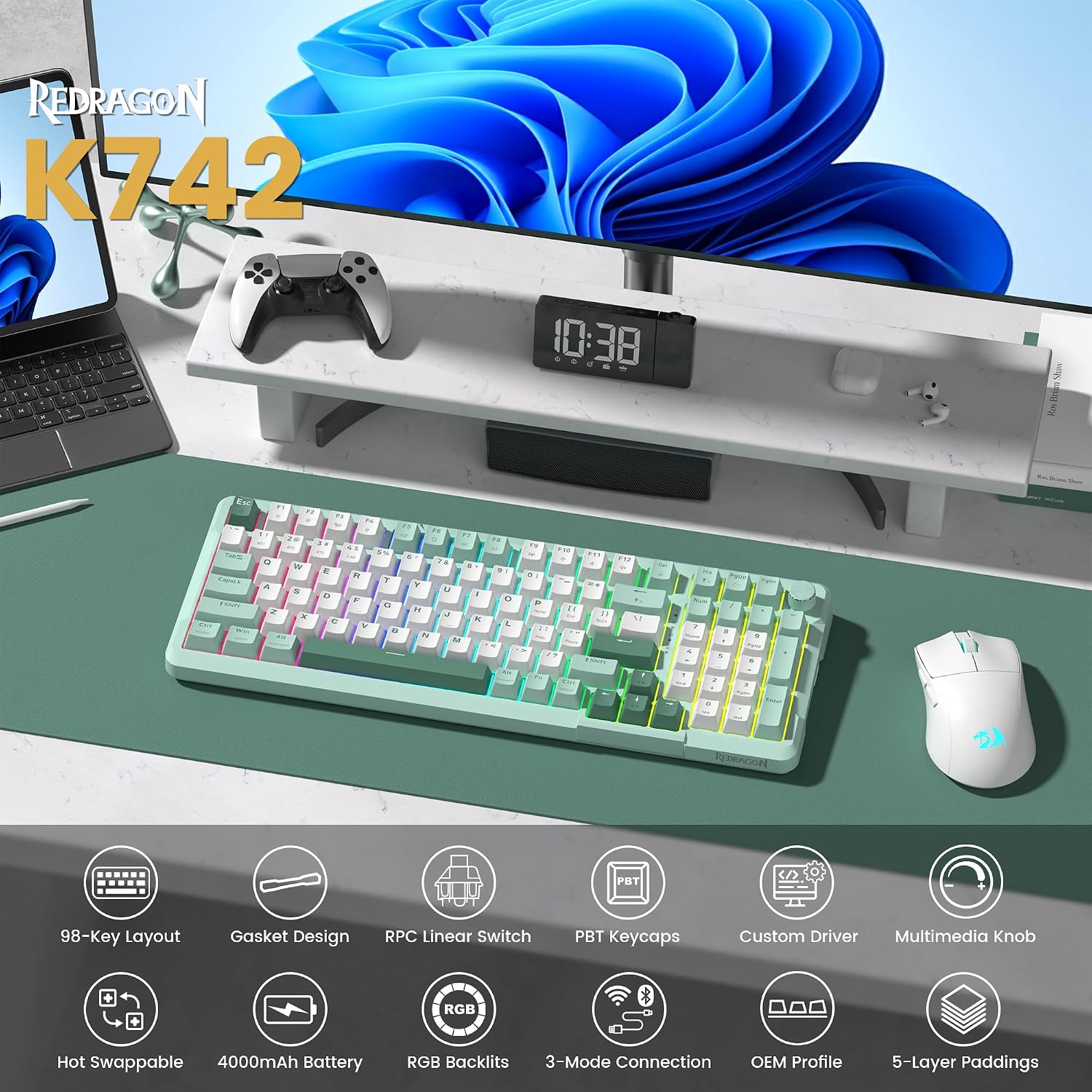 TECLADO MECÁNICO INALÁMBRICO REDRAGON K742 BLUETOOTH CON PERILLA - 2